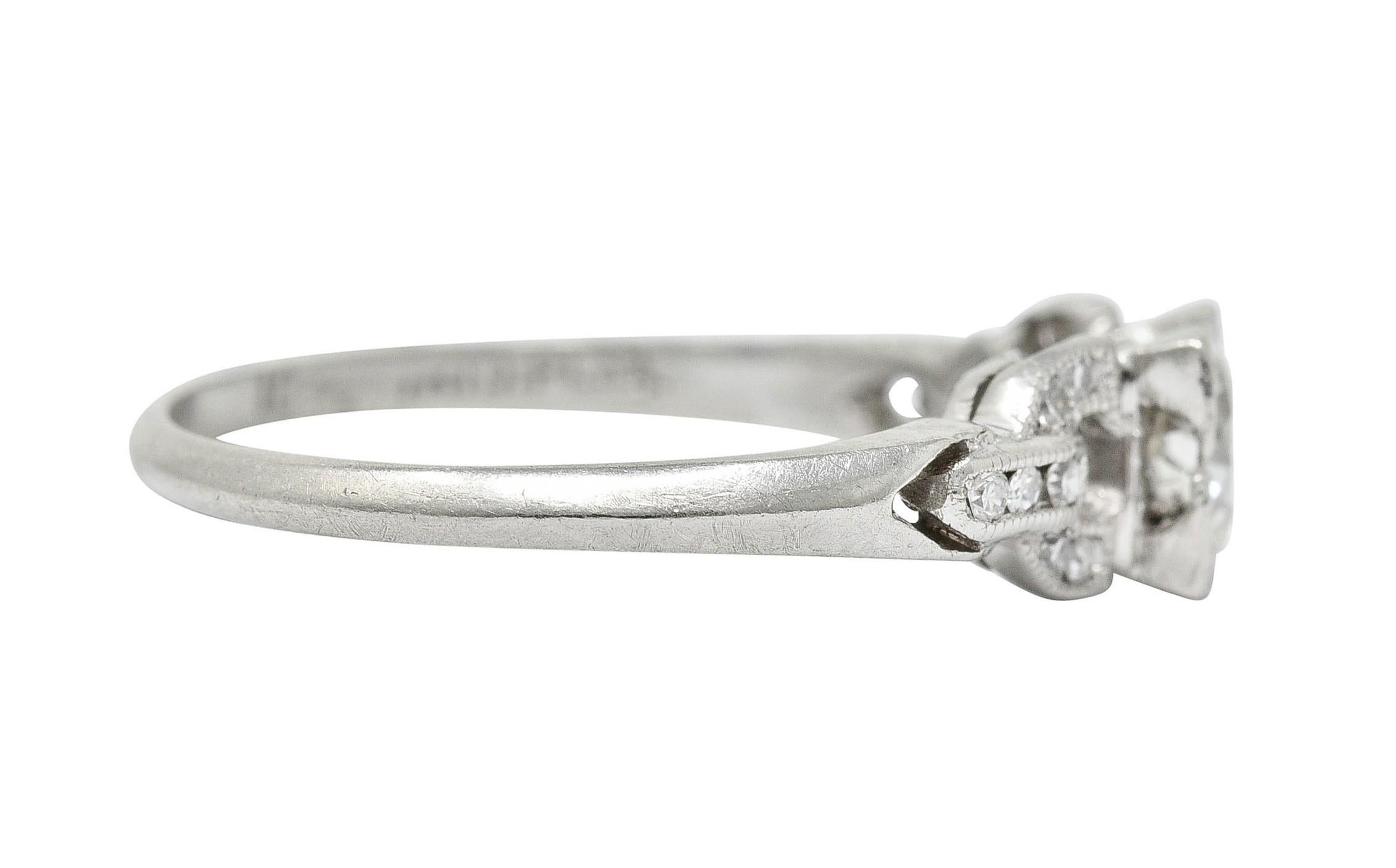 Art Deco 0.53 Carat Diamond Platinum Buckle Engagement Ring In Excellent Condition In Philadelphia, PA