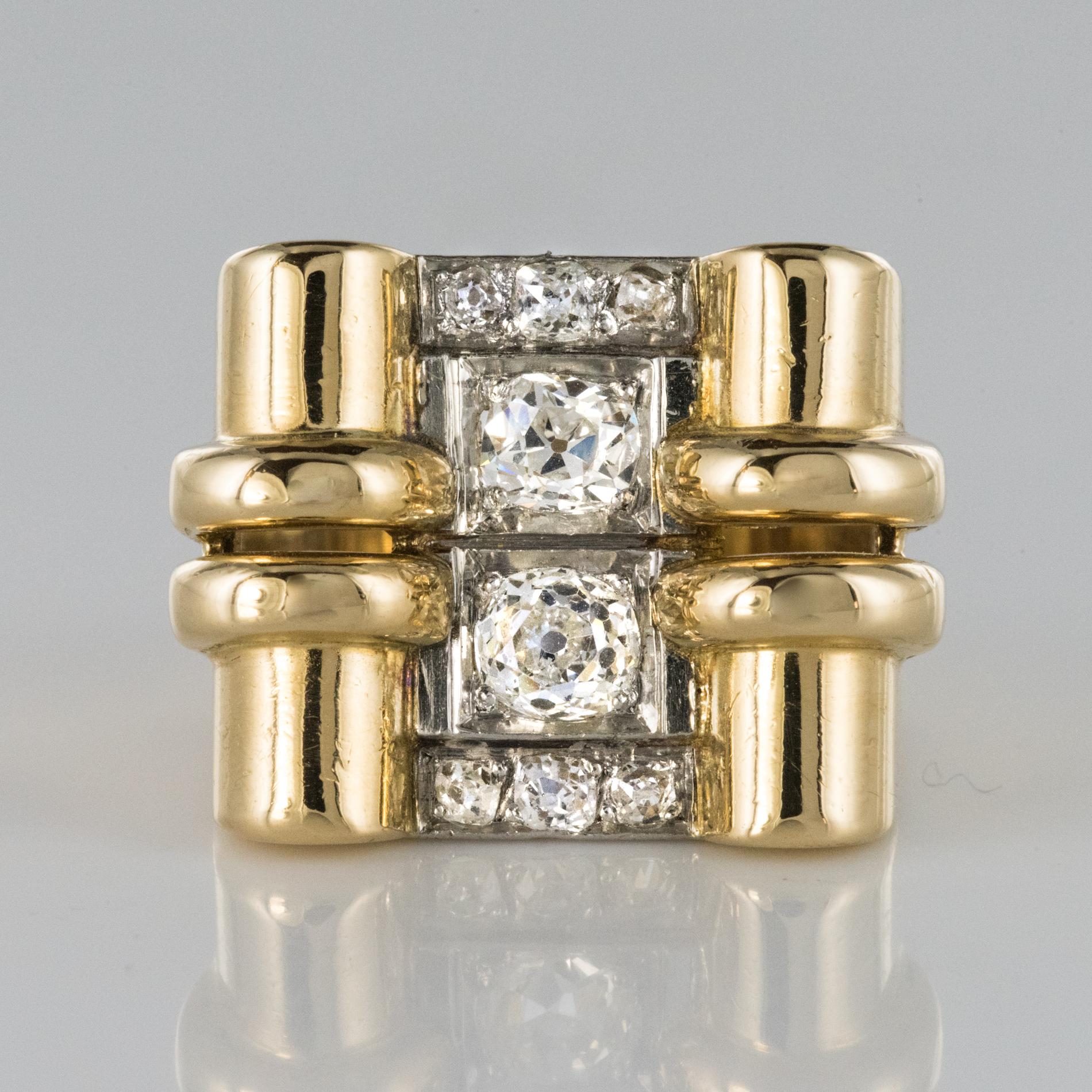 1940s Retro 0.60 Carat Diamond Yellow Gold Windings Tank Ring In Good Condition In Poitiers, FR