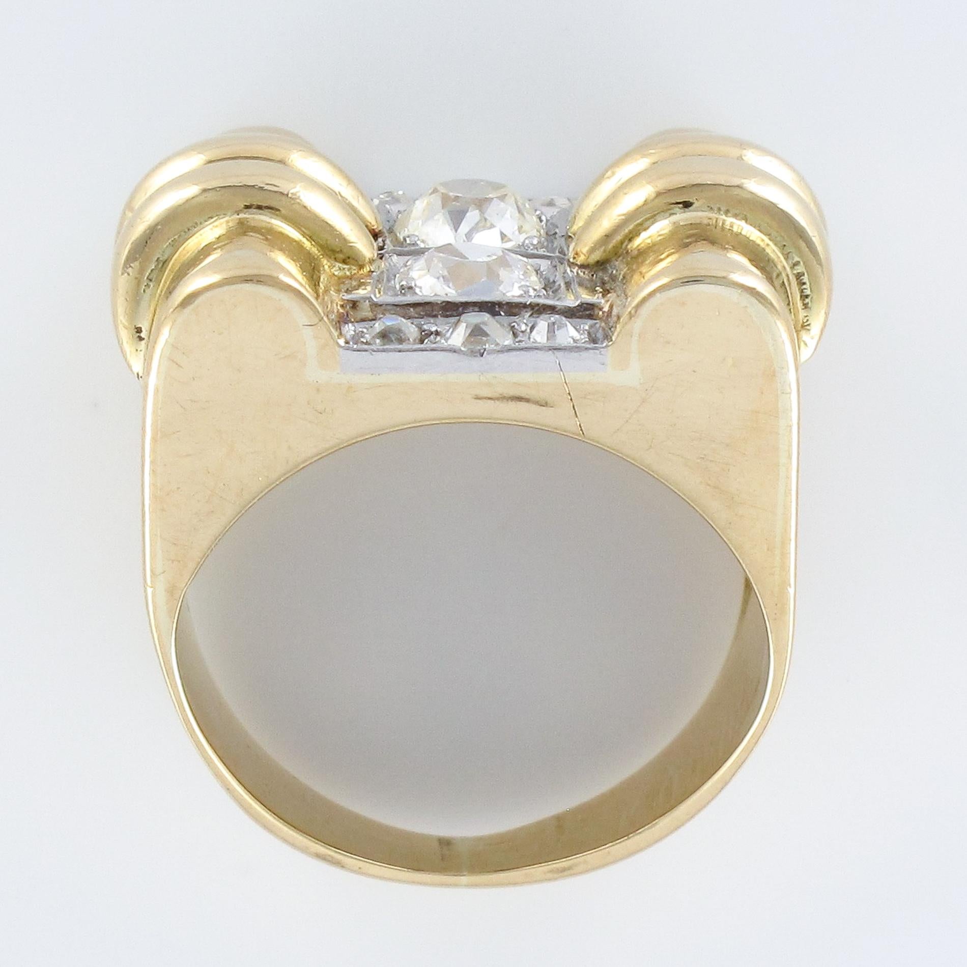 Women's 1940s Retro 0.60 Carat Diamond Yellow Gold Windings Tank Ring
