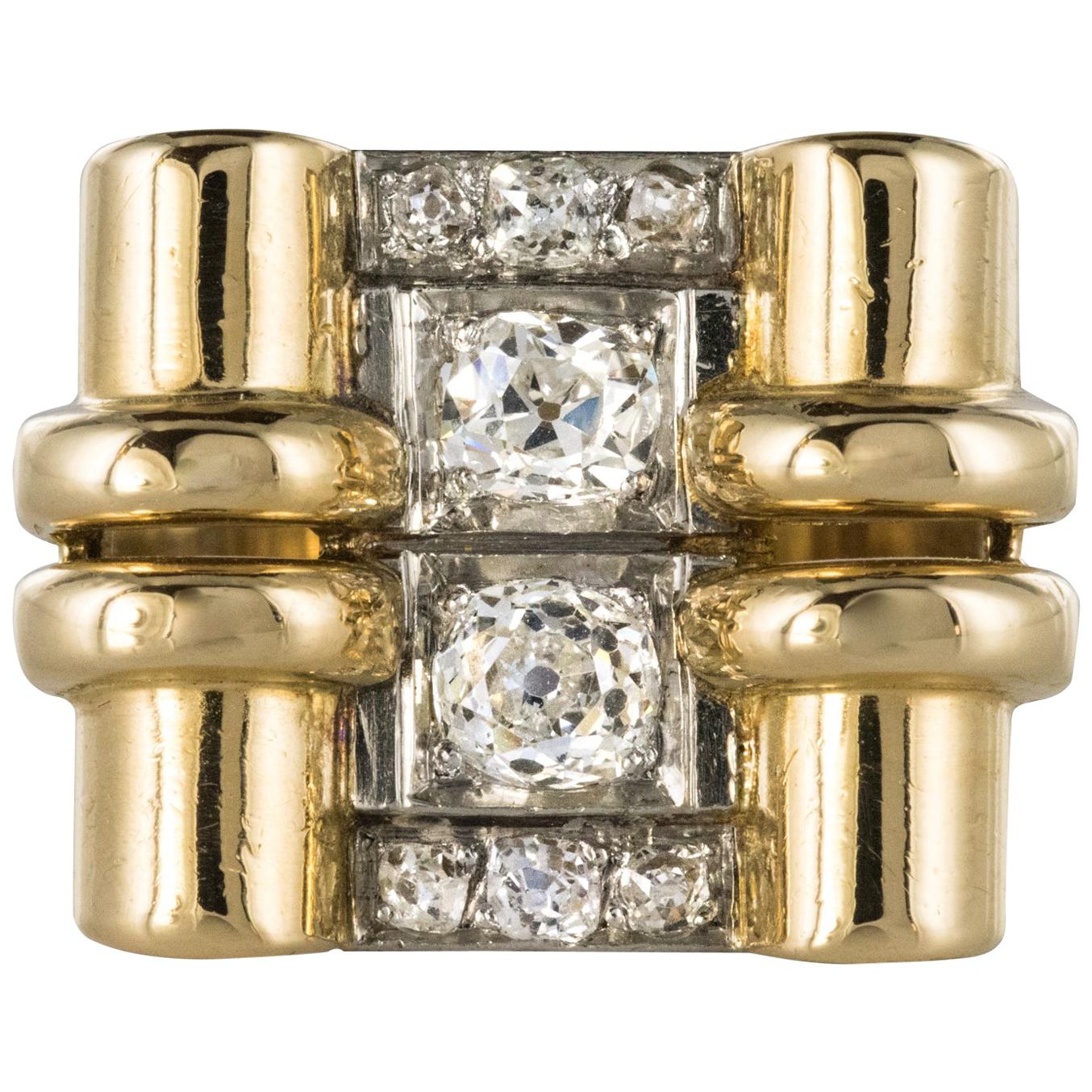 1940s Retro 0.60 Carat Diamond Yellow Gold Windings Tank Ring