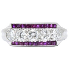 1940s Retro 1.15 Carat Diamond Ruby Platinum Band Ring