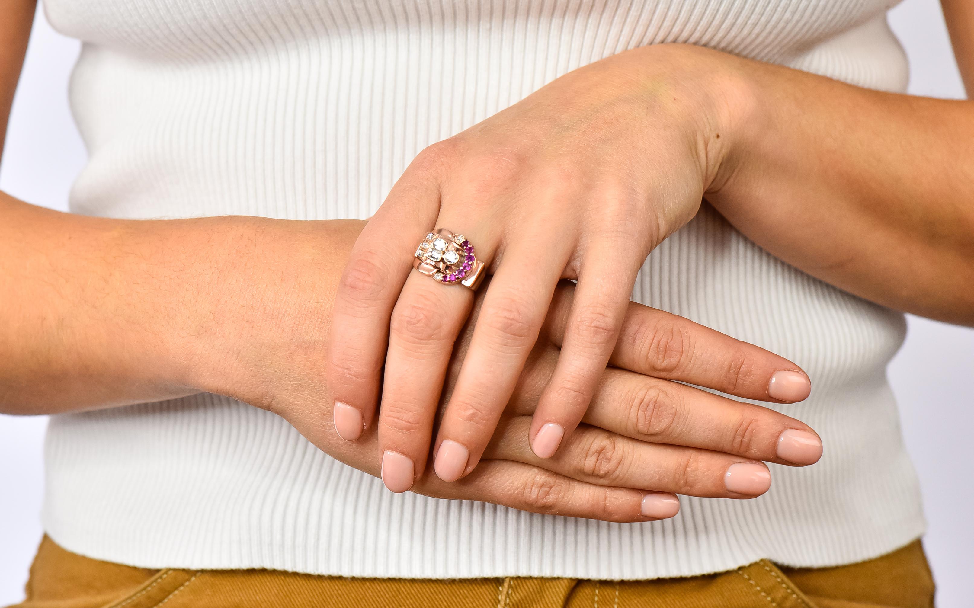 1940s Retro 1.20 Carat Diamond Ruby 14 Karat Rose Gold Buckle Ring 7