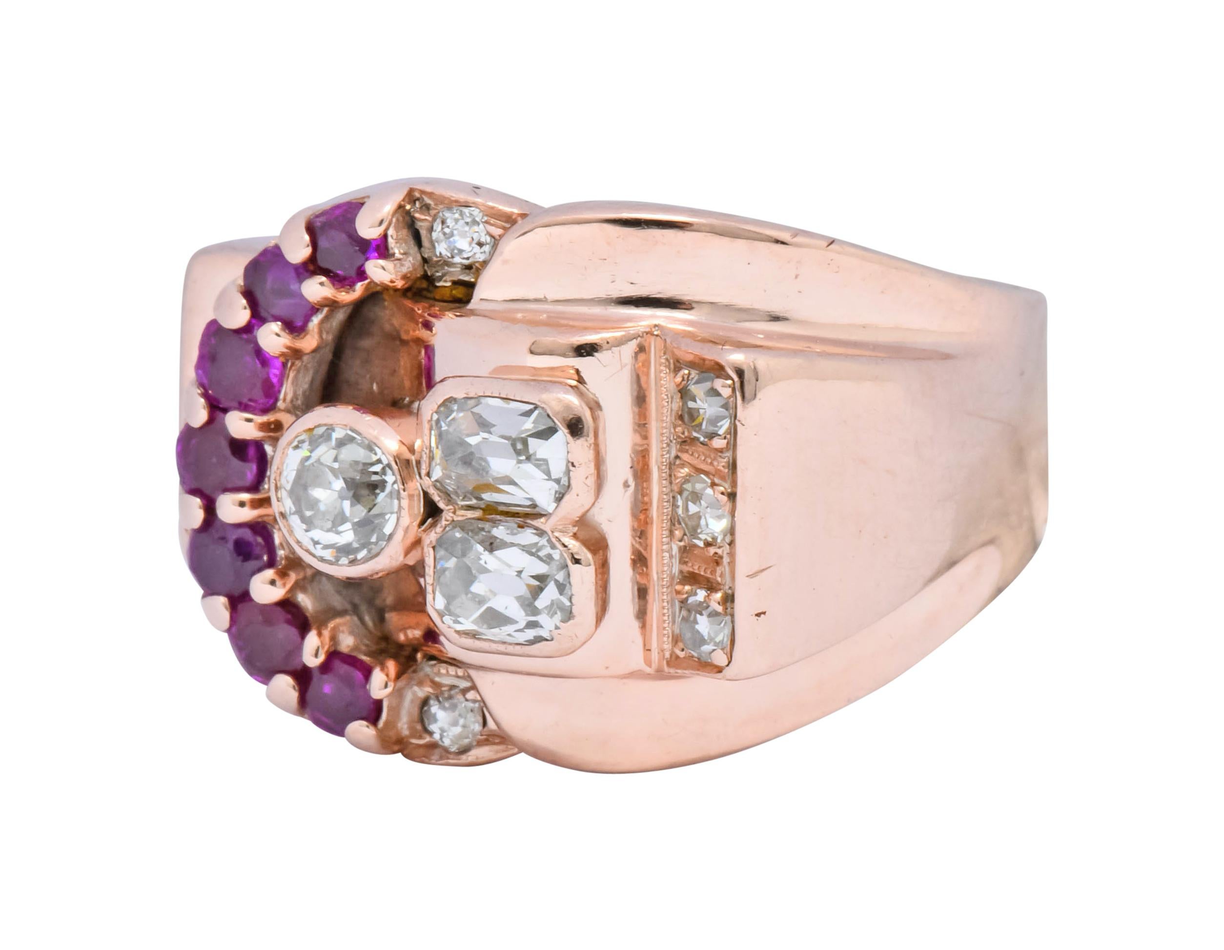 1940s Retro 1.20 Carat Diamond Ruby 14 Karat Rose Gold Buckle Ring 2