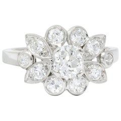 1940s Vintage 1.42 Carat Diamond Platinum Foliate Cluster Engagement Ring