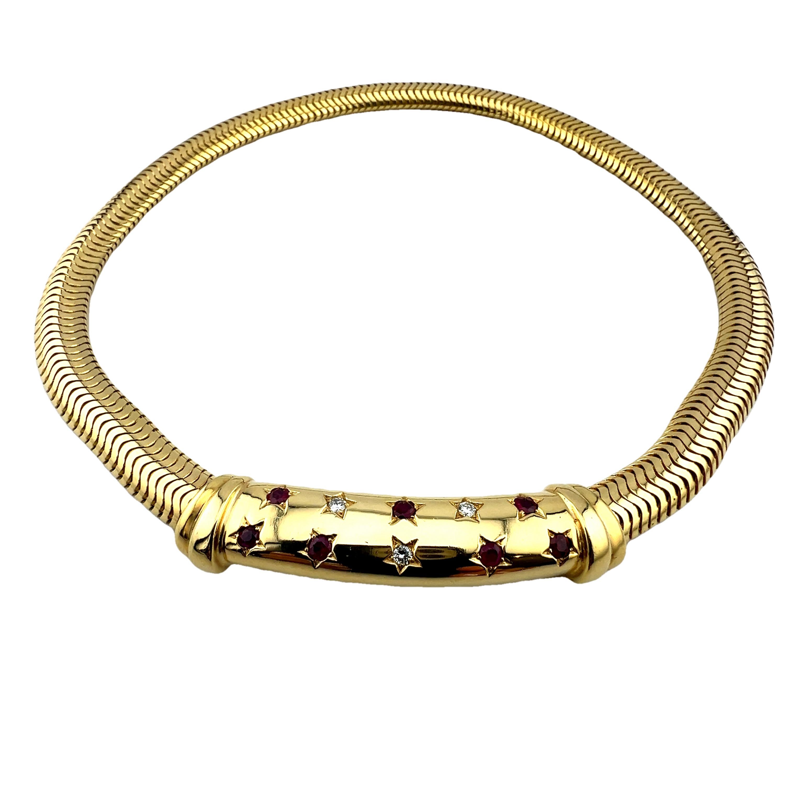Round Cut 1940s Retro 14K Gold Snake Chain Necklace with Diamonds & Rubies For Sale