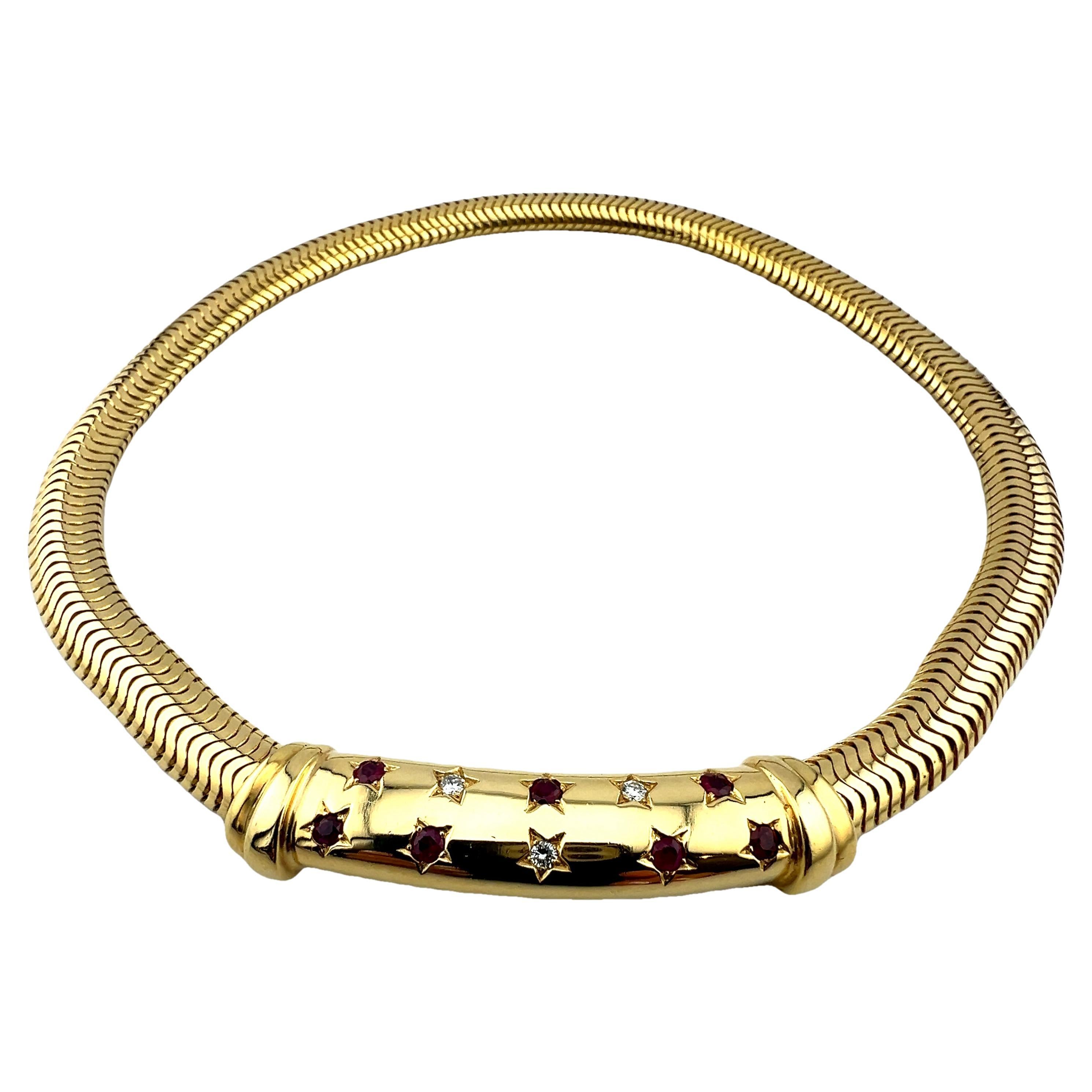 1940s Retro 14K Gold Snake Chain Necklace with Diamonds & Rubies For Sale