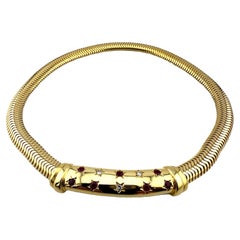 1940s Vintage 14K Gold Snake Chain Necklace with Diamonds & Rubies