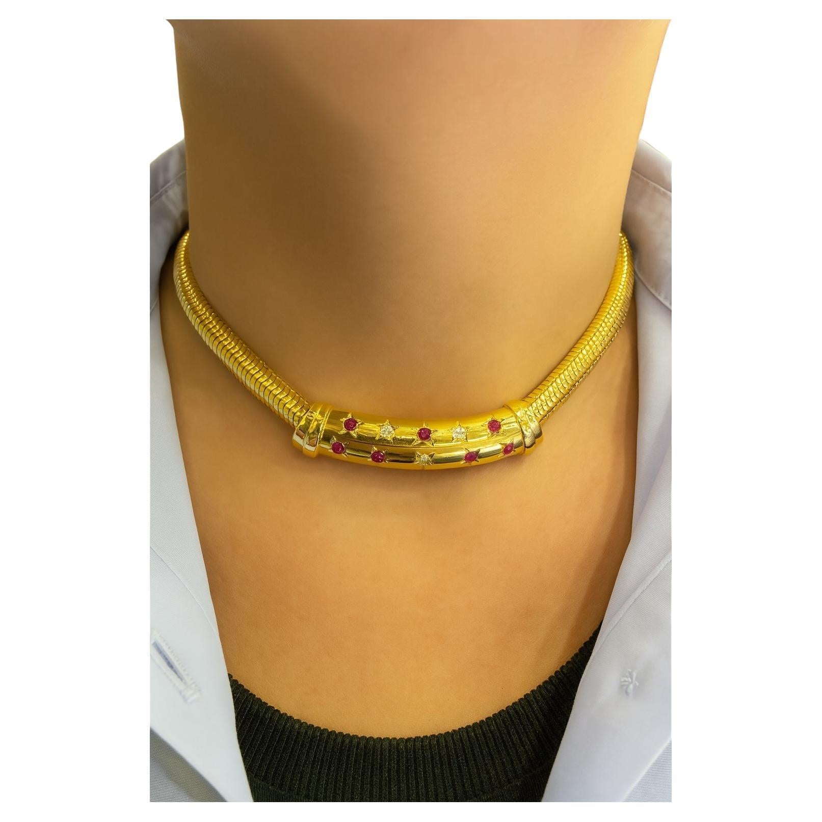 1940er Retro 14K Gold Schlangenkette Halskette mit Diamanten & Rubinen