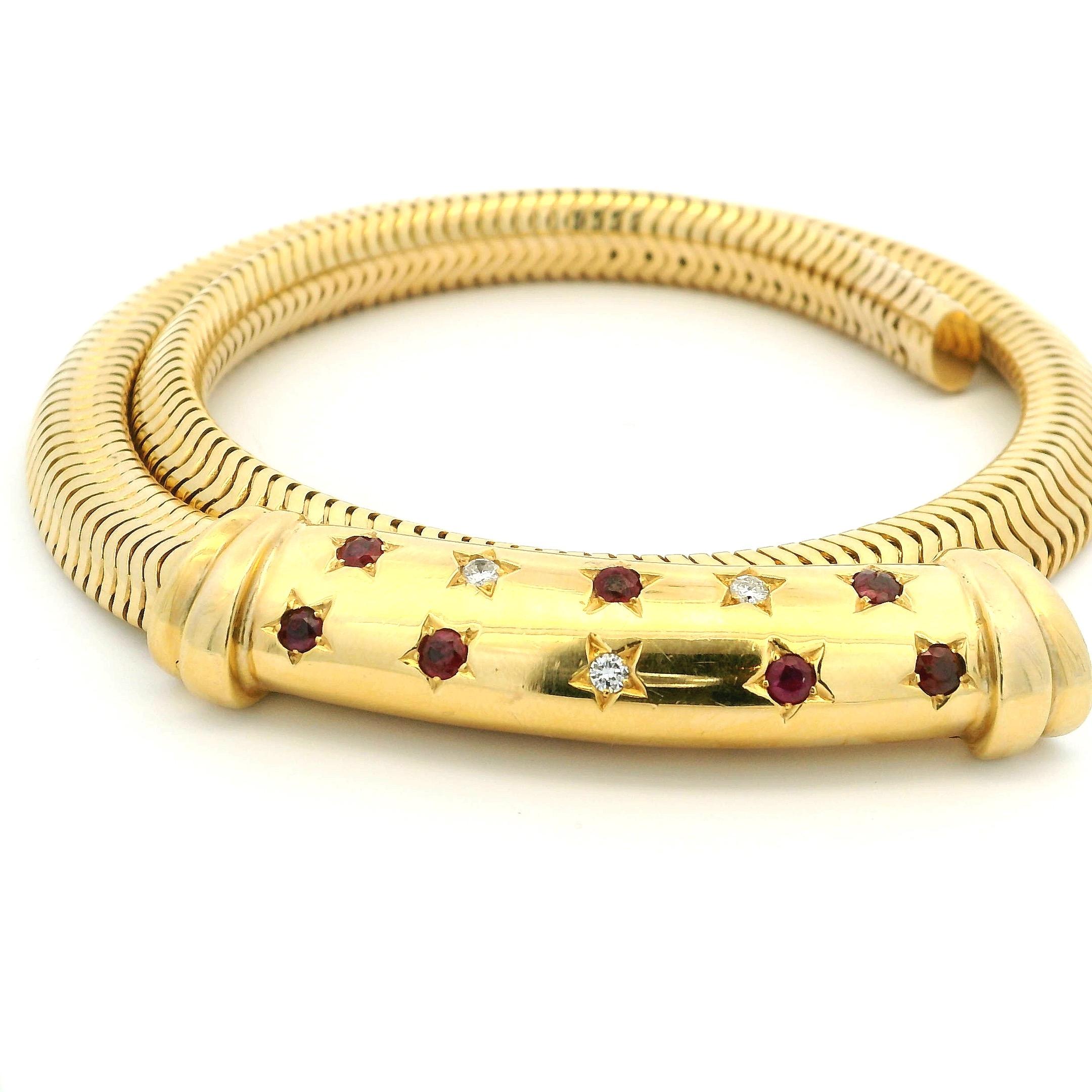 Retro 14K Gold Tubogas Necklace with Star-Set Rubies & Diamonds, Circa 1940 For Sale 8