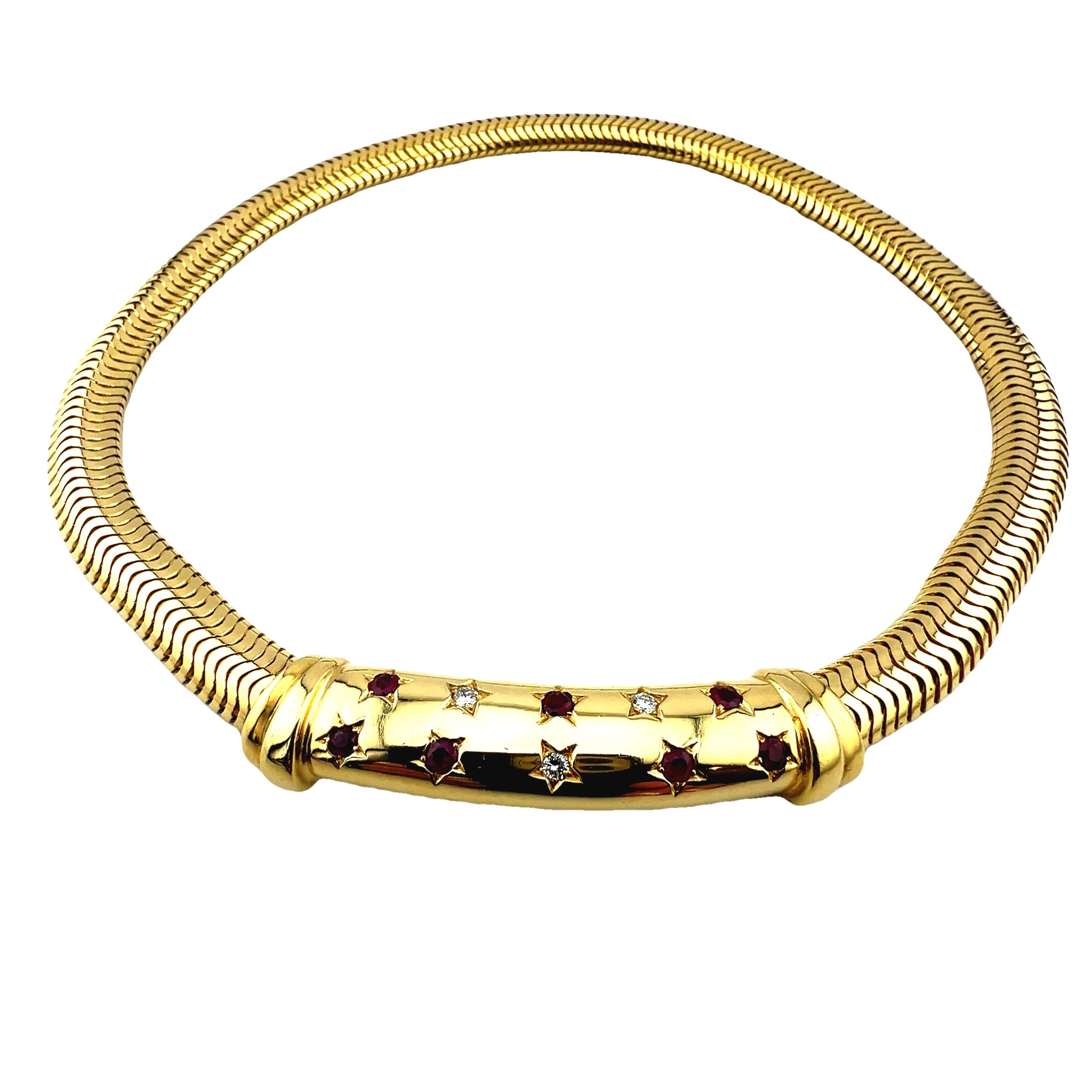 Women's Retro 14K Gold Tubogas Necklace with Star-Set Rubies & Diamonds, Circa 1940 For Sale