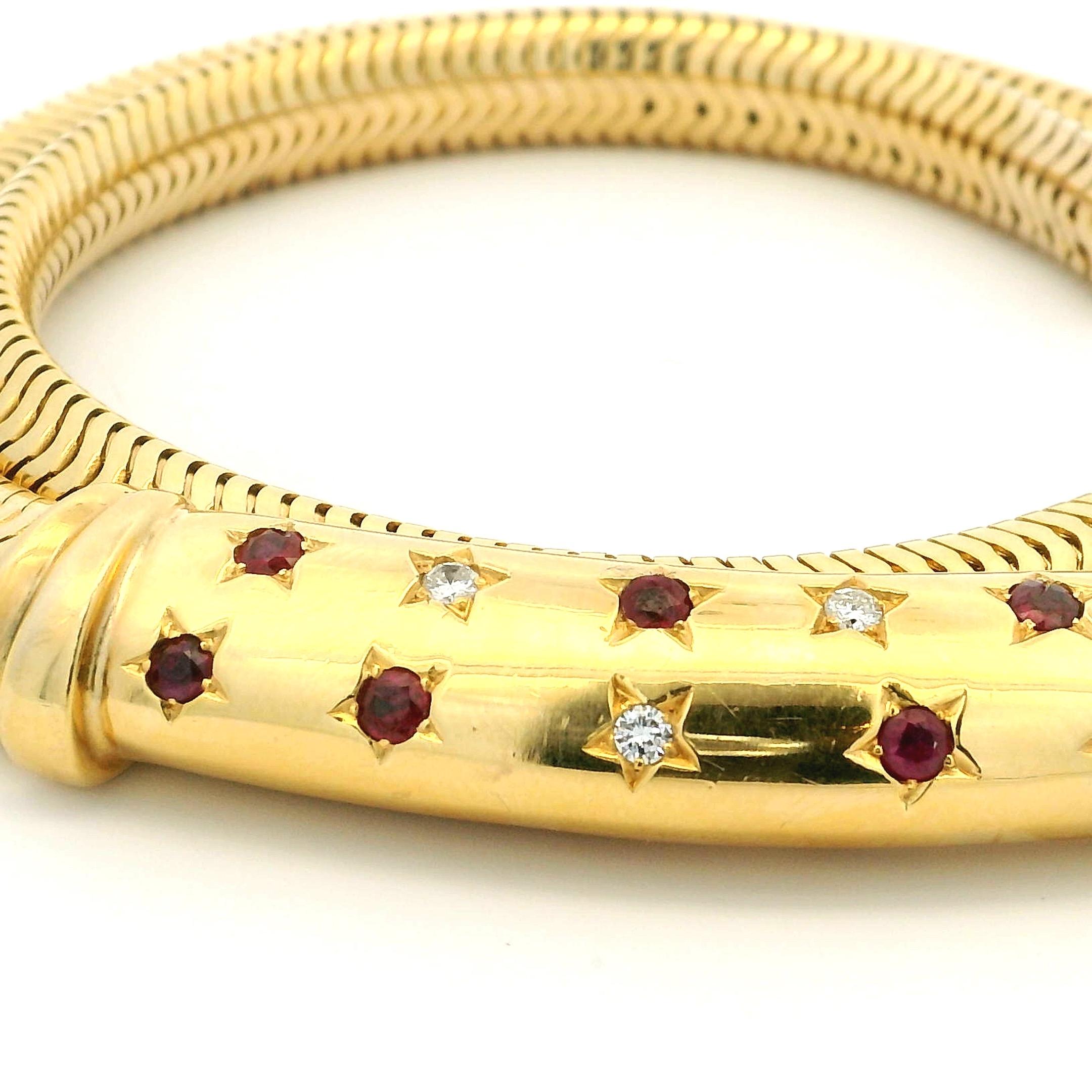 Retro 14K Gold Tubogas Necklace with Star-Set Rubies & Diamonds, Circa 1940 For Sale 3