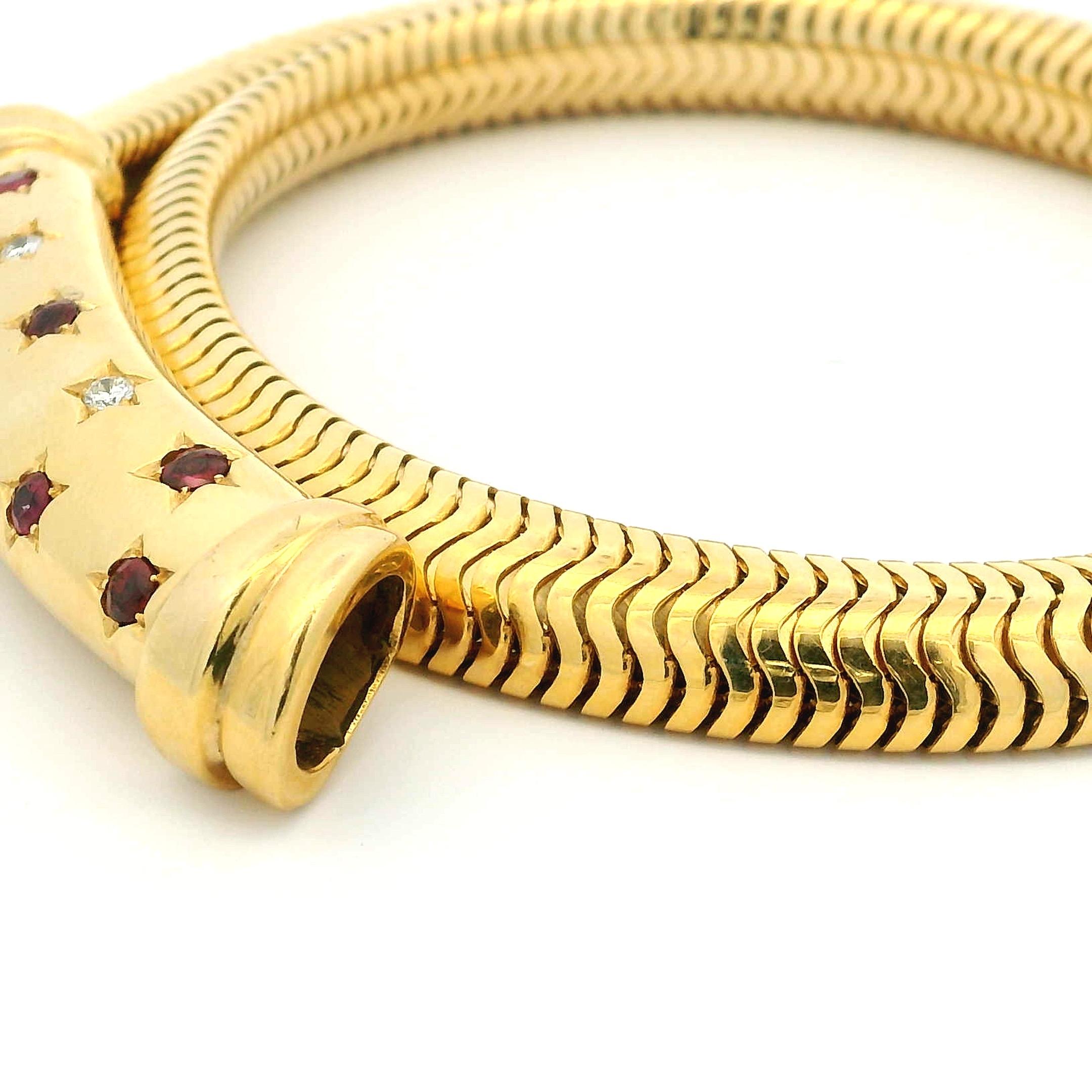 Retro 14K Gold Tubogas Necklace with Star-Set Rubies & Diamonds, Circa 1940 For Sale 4