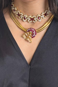 1940s Retro 14K Yellow Gold Ruby and Diamond Necklace