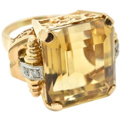 1940s Retro 22.00 Carat Citrine and Diamond Ring 14 Karat Rose Gold