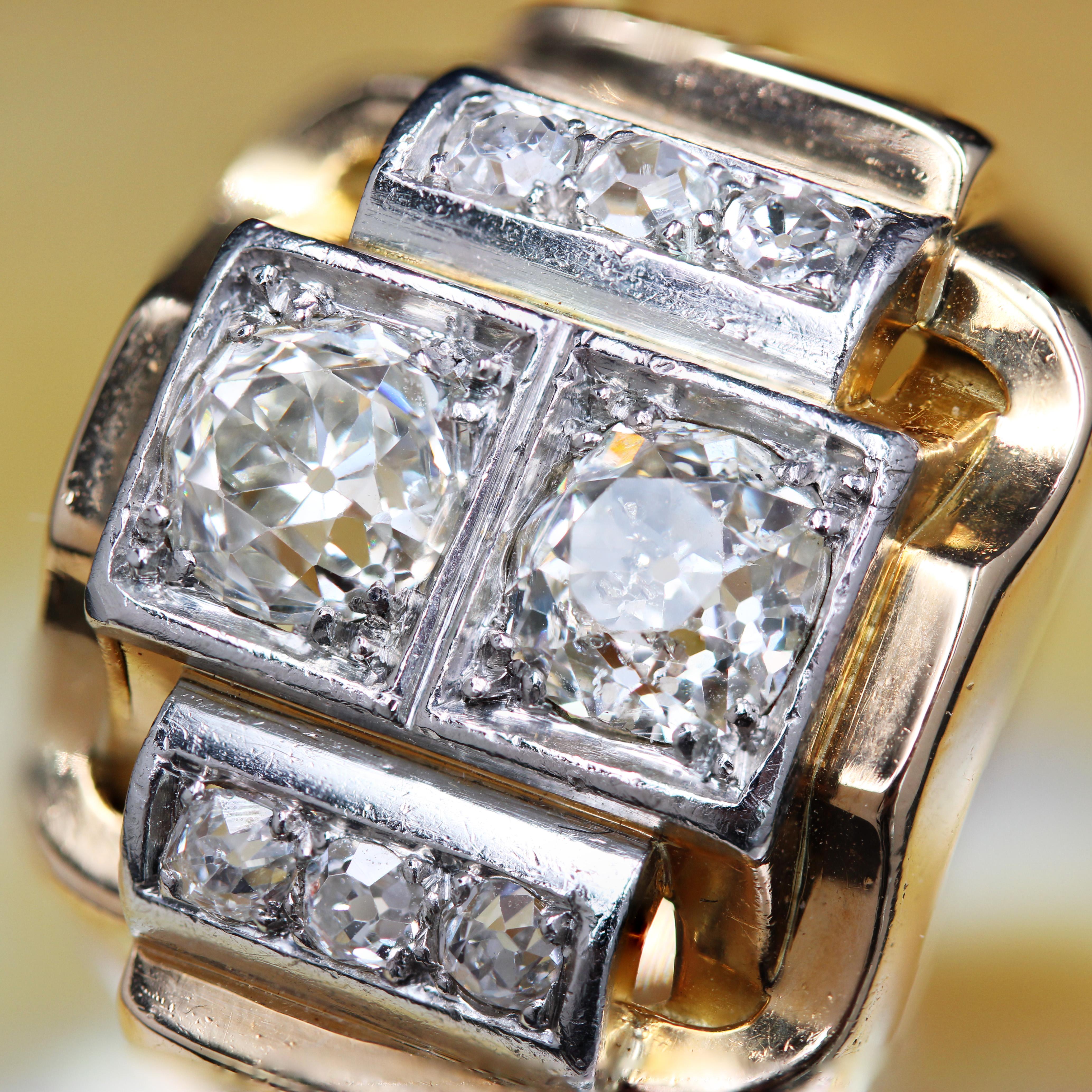 1940s Retro 2.30 Carat Diamonds 18 Karat Yellow Gold Platinum Tank Ring For Sale 6