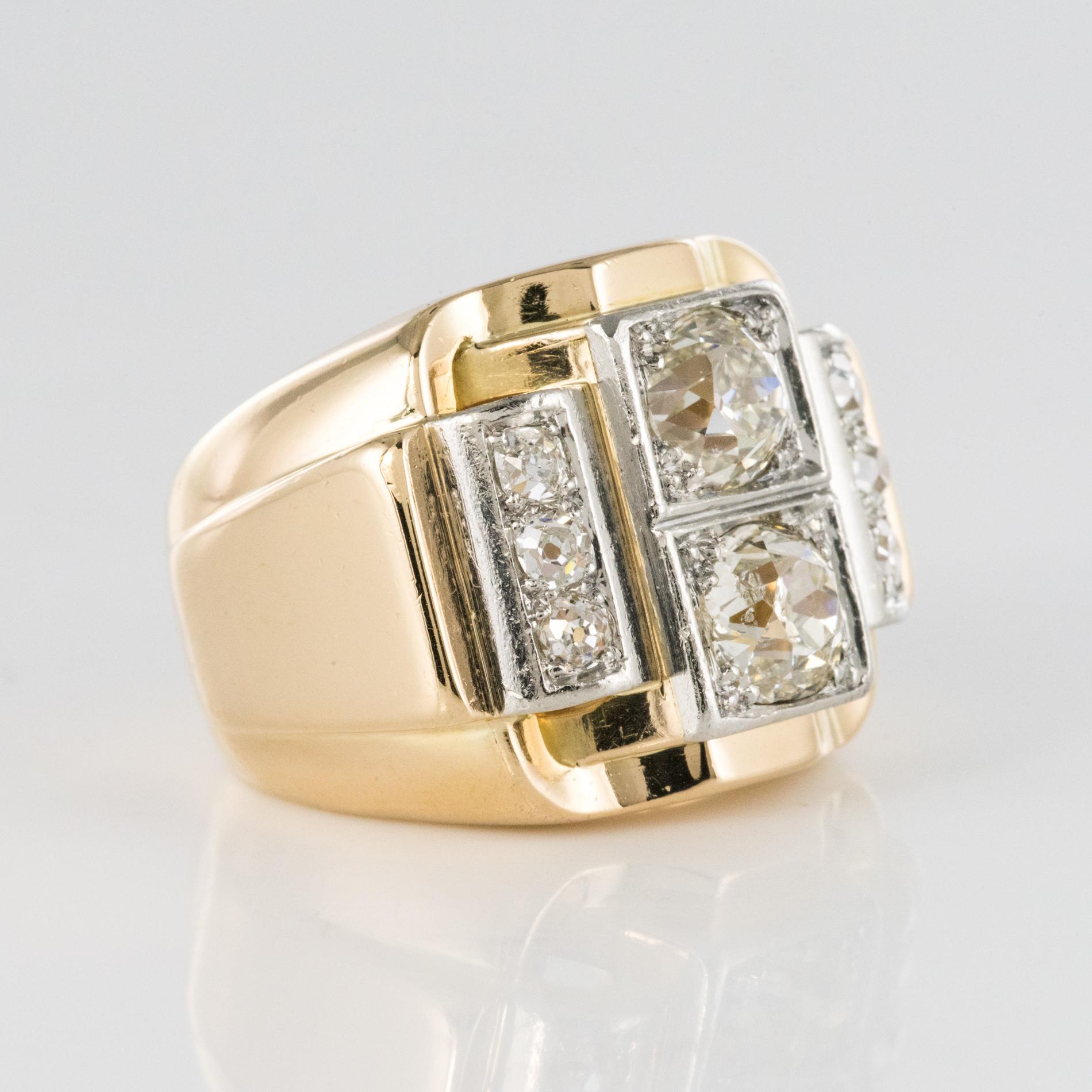 1940s Retro 2.30 Carat Diamonds 18 Karat Yellow Gold Platinum Tank Ring For Sale 10