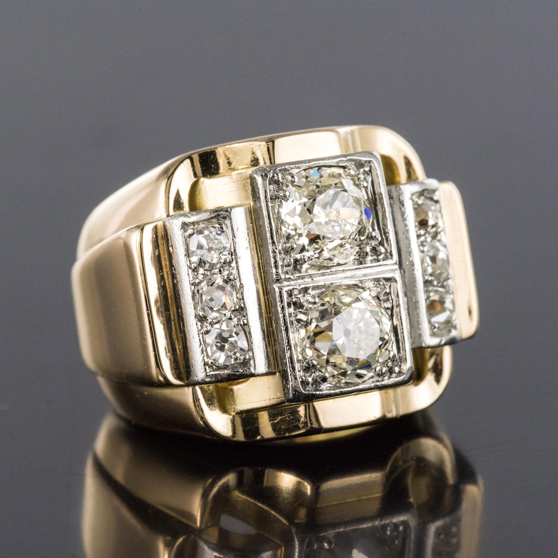 Women's 1940s Retro 2.30 Carat Diamonds 18 Karat Yellow Gold Platinum Tank Ring For Sale