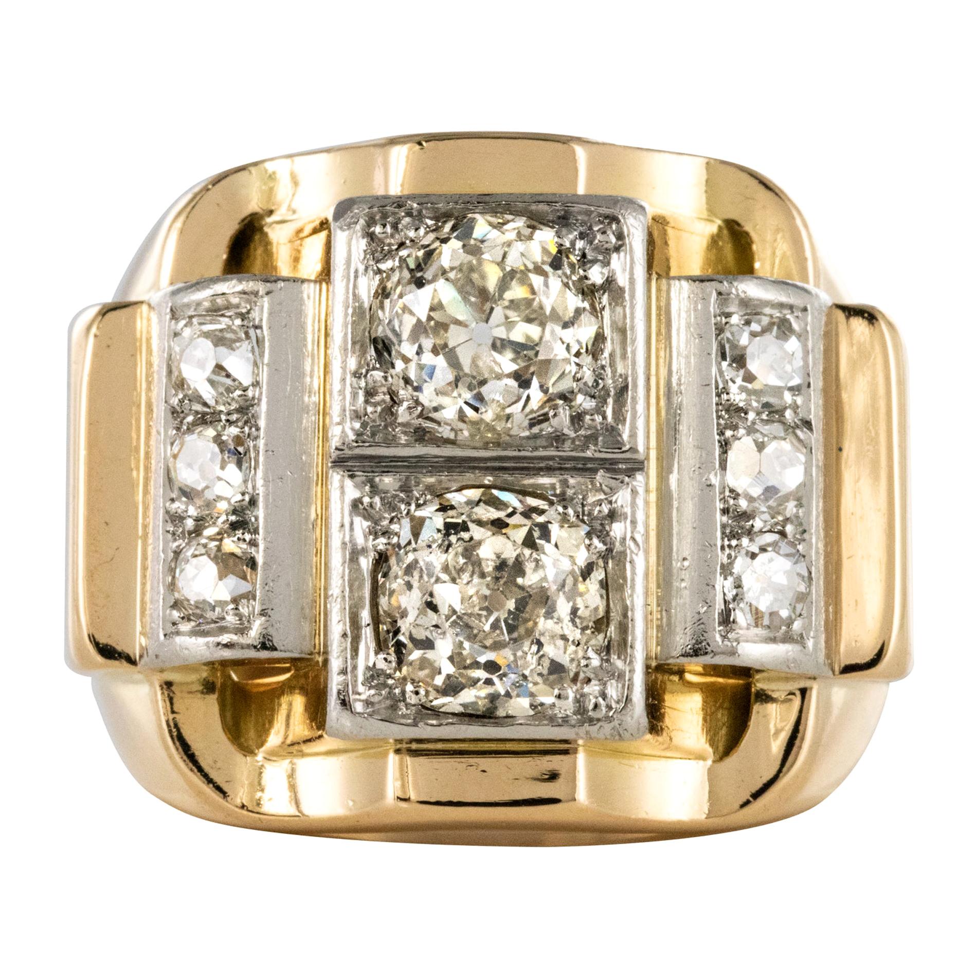 1940s Retro 2.30 Carat Diamonds 18 Karat Yellow Gold Platinum Tank Ring For Sale