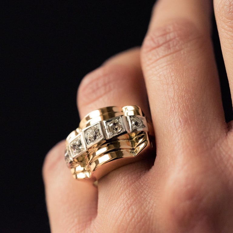 1940s Retro 5 Diamonds 18 Karat Yellow Gold Tank Ring For Sale at 1stdibs