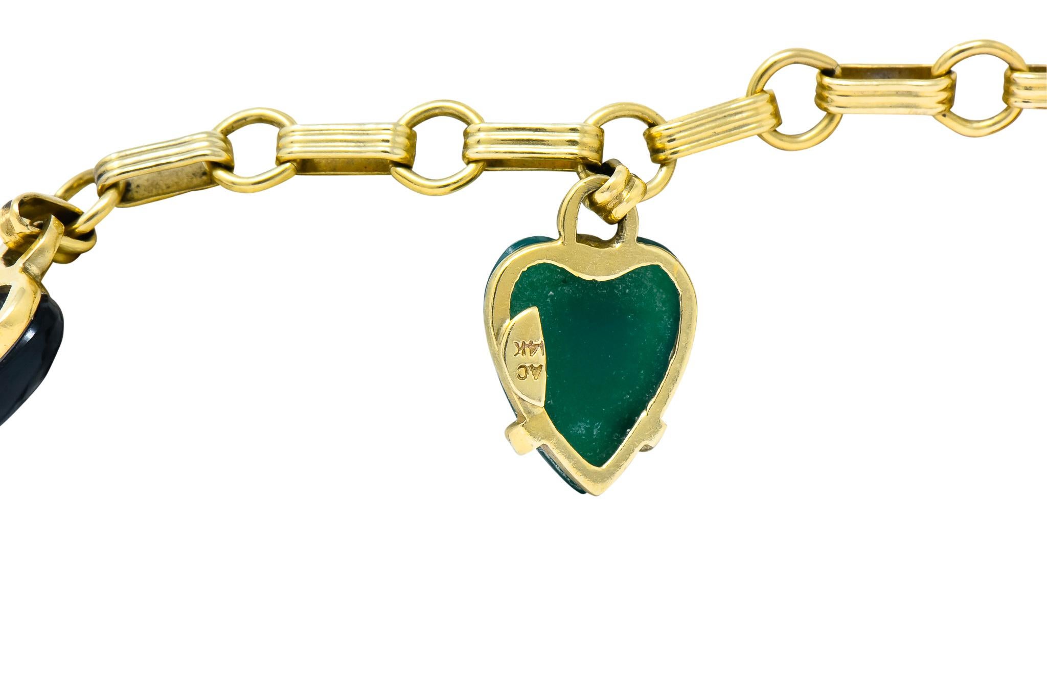 1940s Retro Agate 14 Karat Gold Heart Charm Bracelet 3