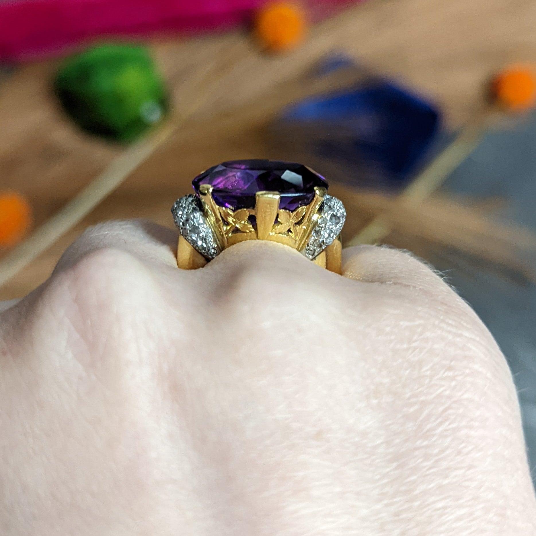 1940s Retro Amethyst Diamond 18 Karat Gold Platinum Cocktail Ring 8