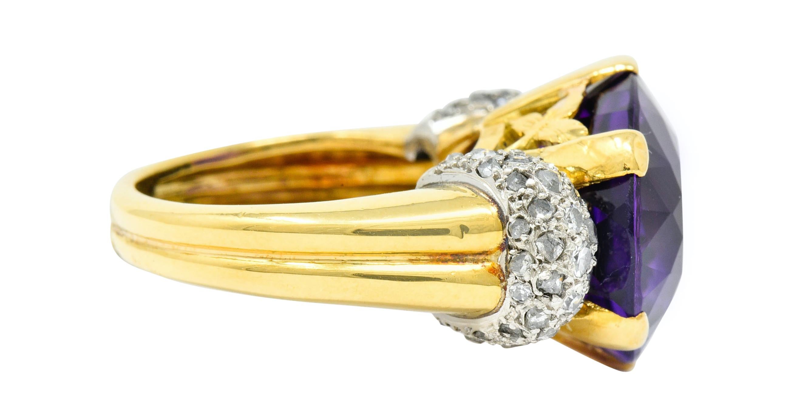 Oval Cut 1940s Retro Amethyst Diamond 18 Karat Gold Platinum Cocktail Ring