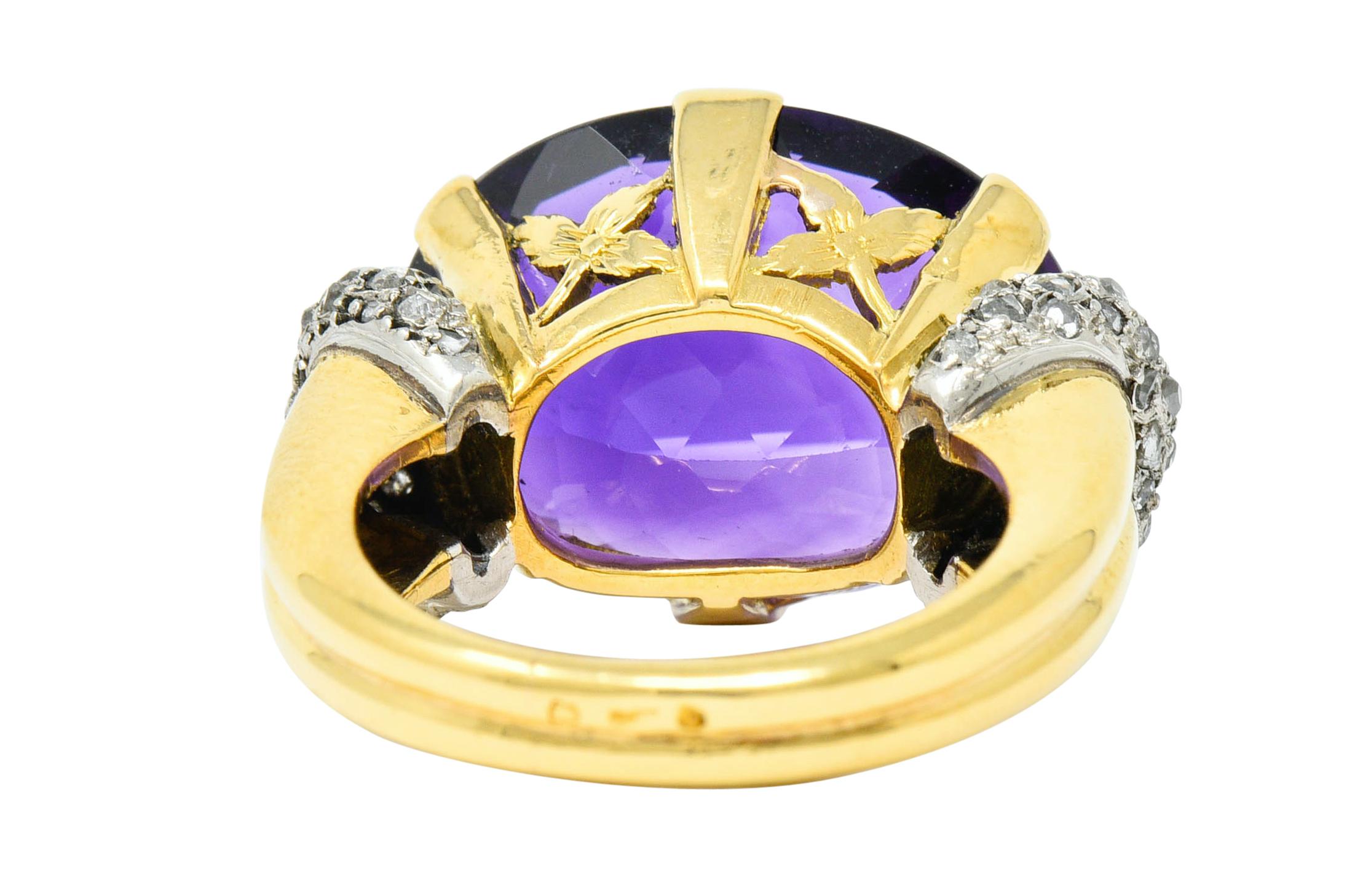 1940s Retro Amethyst Diamond 18 Karat Gold Platinum Cocktail Ring In Excellent Condition In Philadelphia, PA