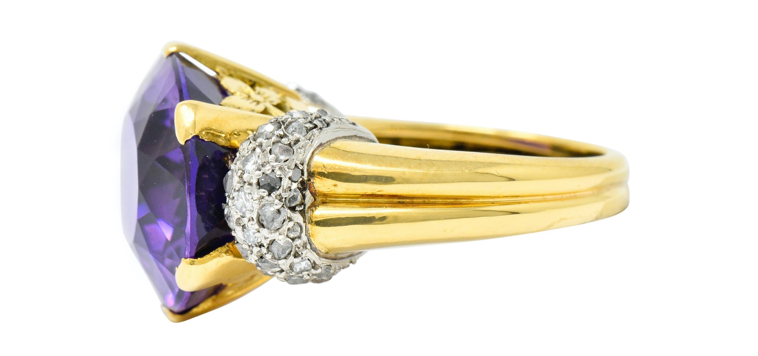 Women's or Men's 1940s Retro Amethyst Diamond 18 Karat Gold Platinum Cocktail Ring