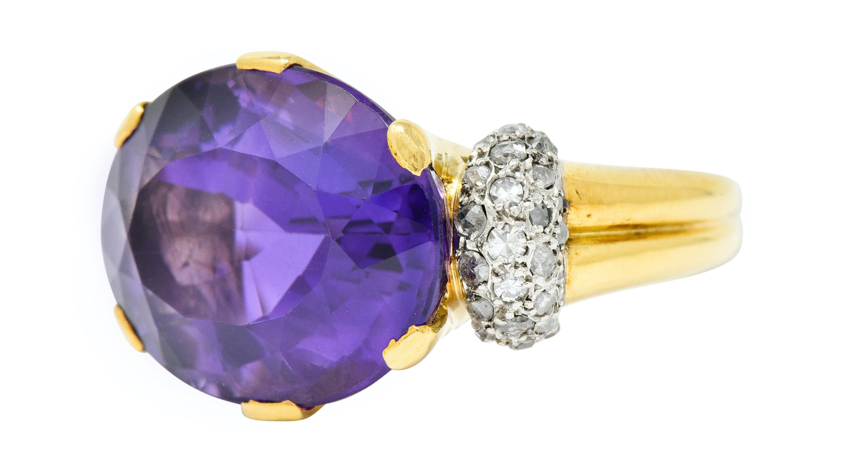 1940s Retro Amethyst Diamond 18 Karat Gold Platinum Cocktail Ring 1