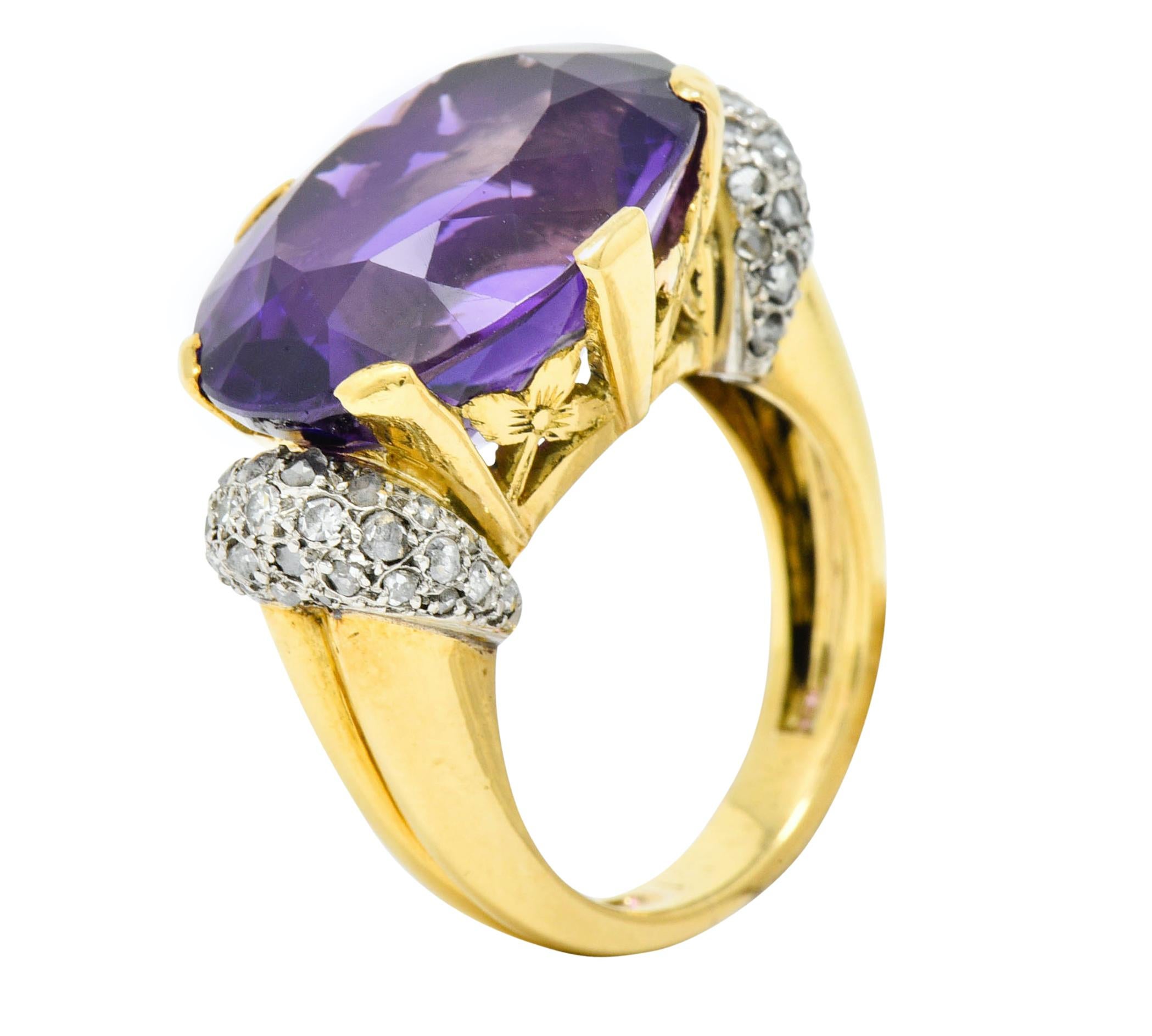 1940s Retro Amethyst Diamond 18 Karat Gold Platinum Cocktail Ring 4