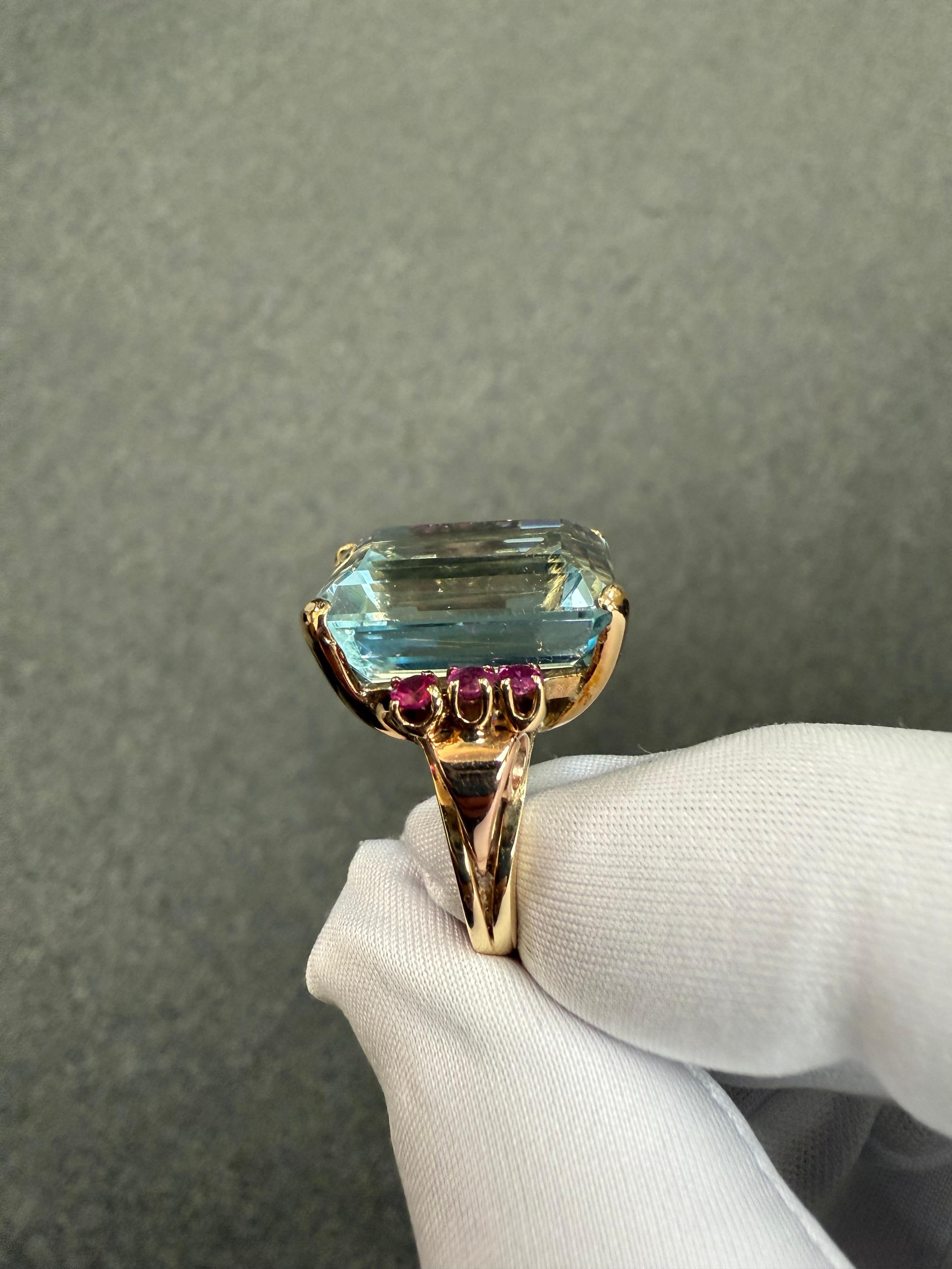 1940er Retro Aquamarin und Rubin 14k Gold Solitär Ring im Angebot 6