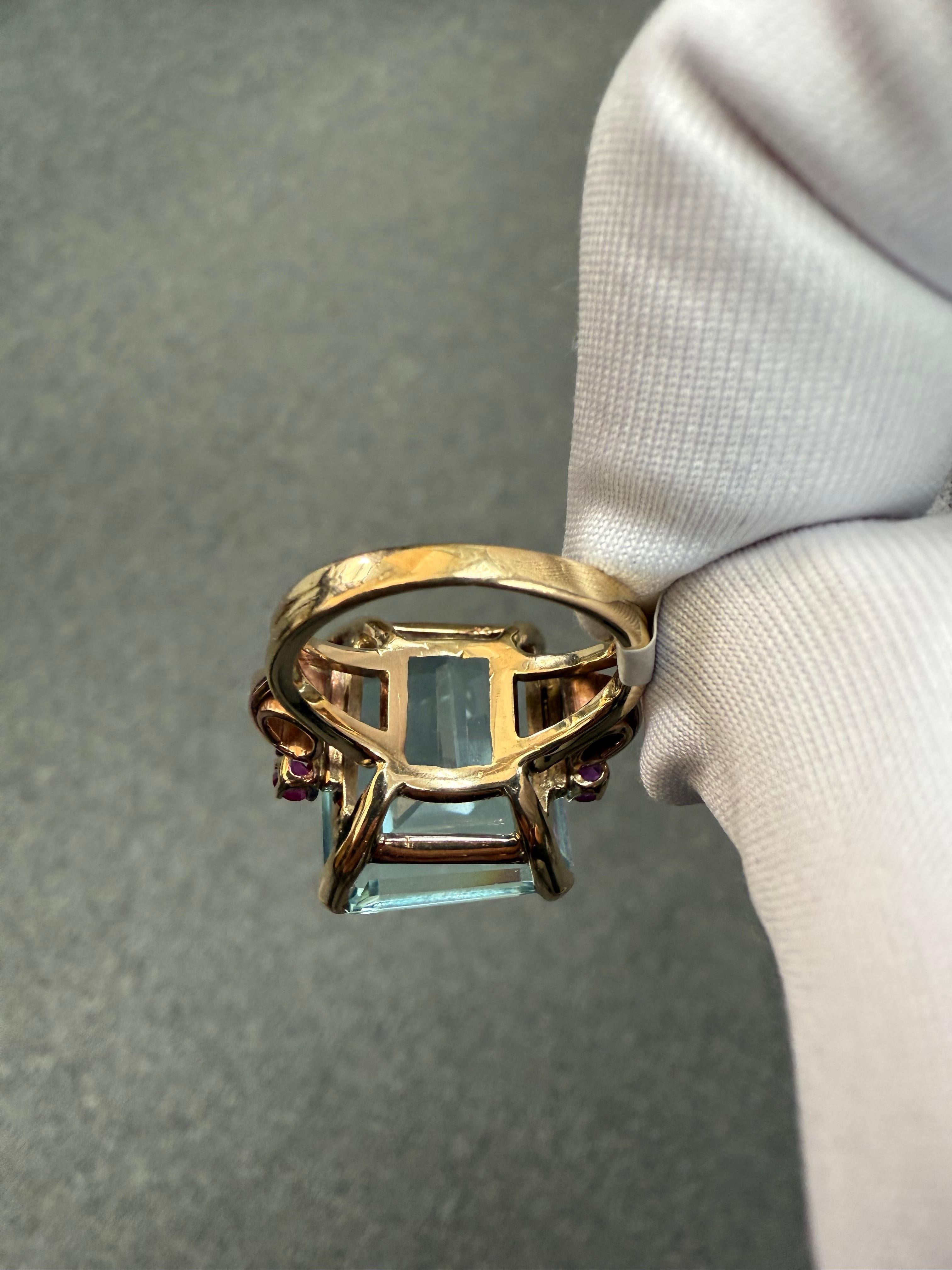 1940er Retro Aquamarin und Rubin 14k Gold Solitär Ring im Angebot 7