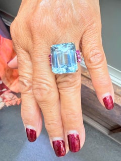 1940er Retro Aquamarin und Rubin 14k Gold Solitär Ring