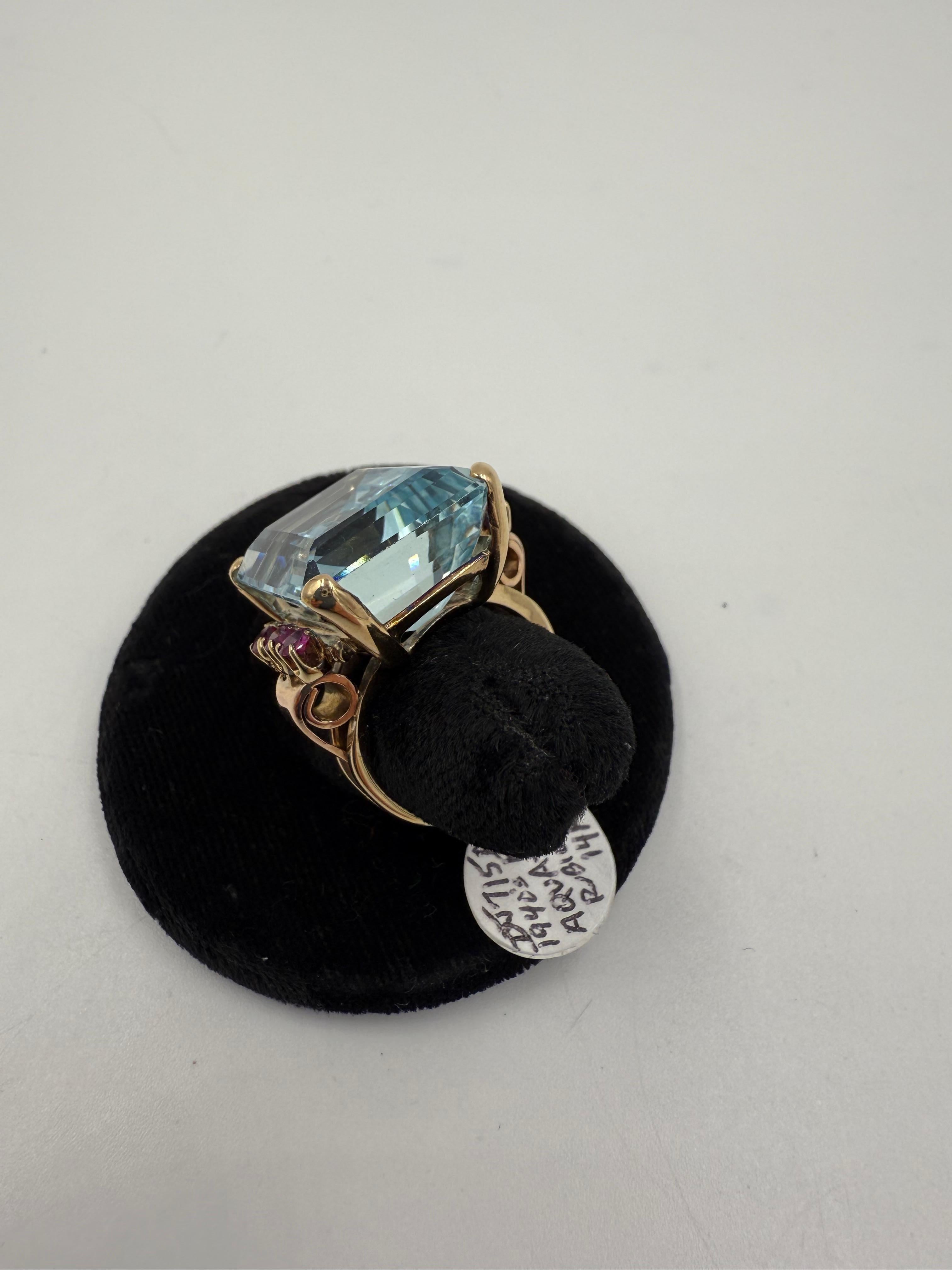 1940er Retro Aquamarin und Rubin 14k Gold Solitär Ring im Angebot 1