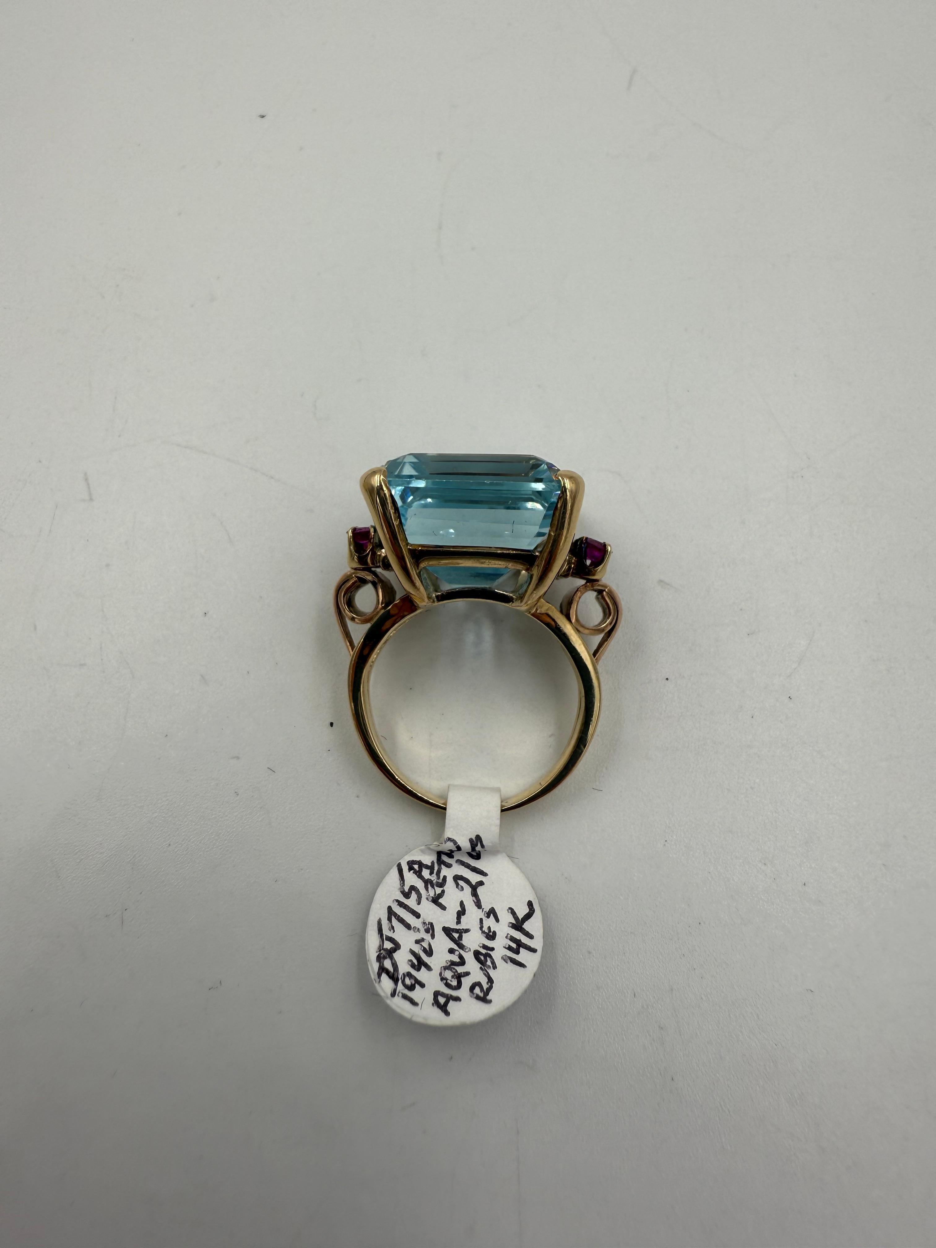 1940er Retro Aquamarin und Rubin 14k Gold Solitär Ring im Angebot 2