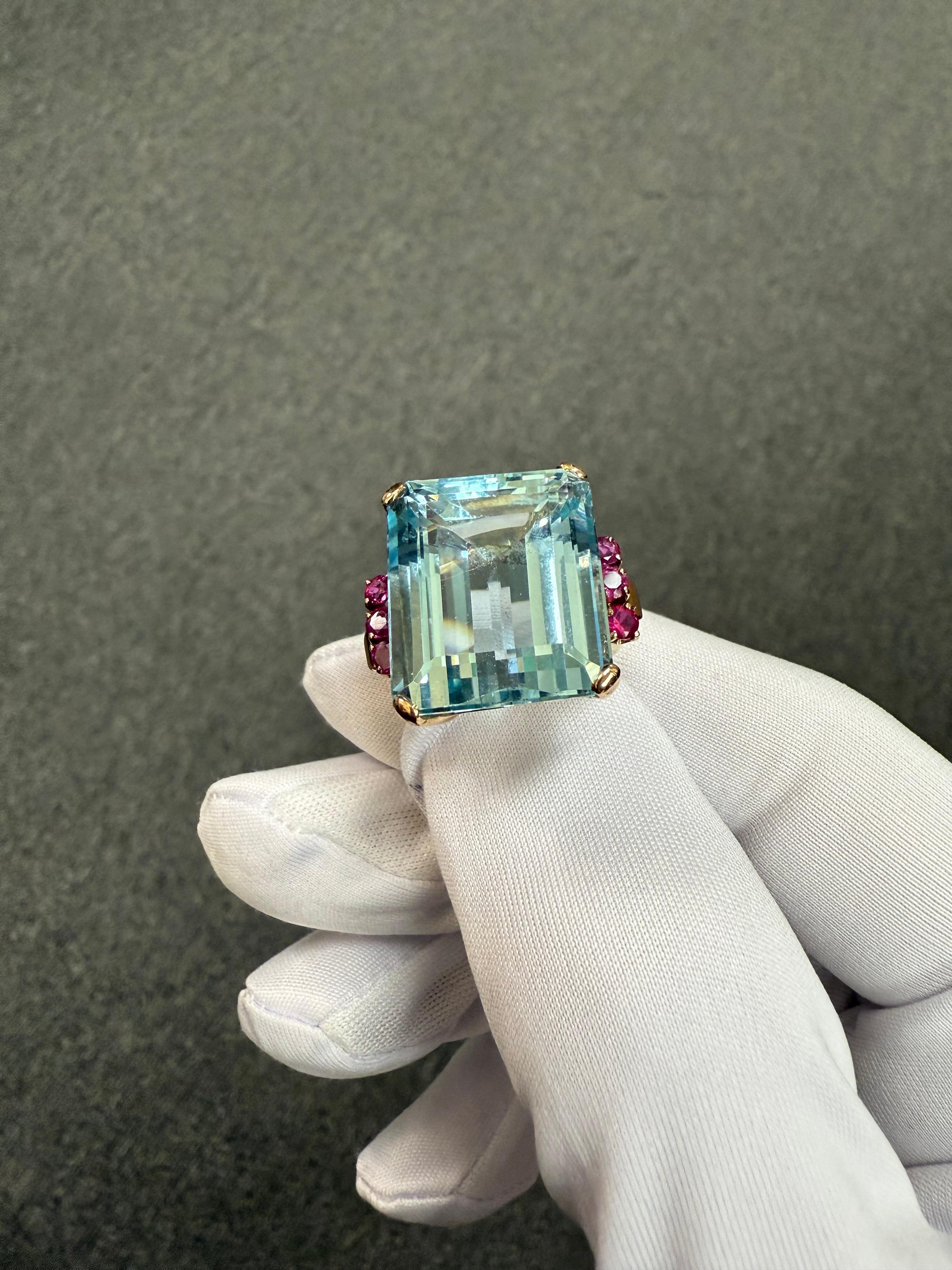 1940er Retro Aquamarin und Rubin 14k Gold Solitär Ring im Angebot 3