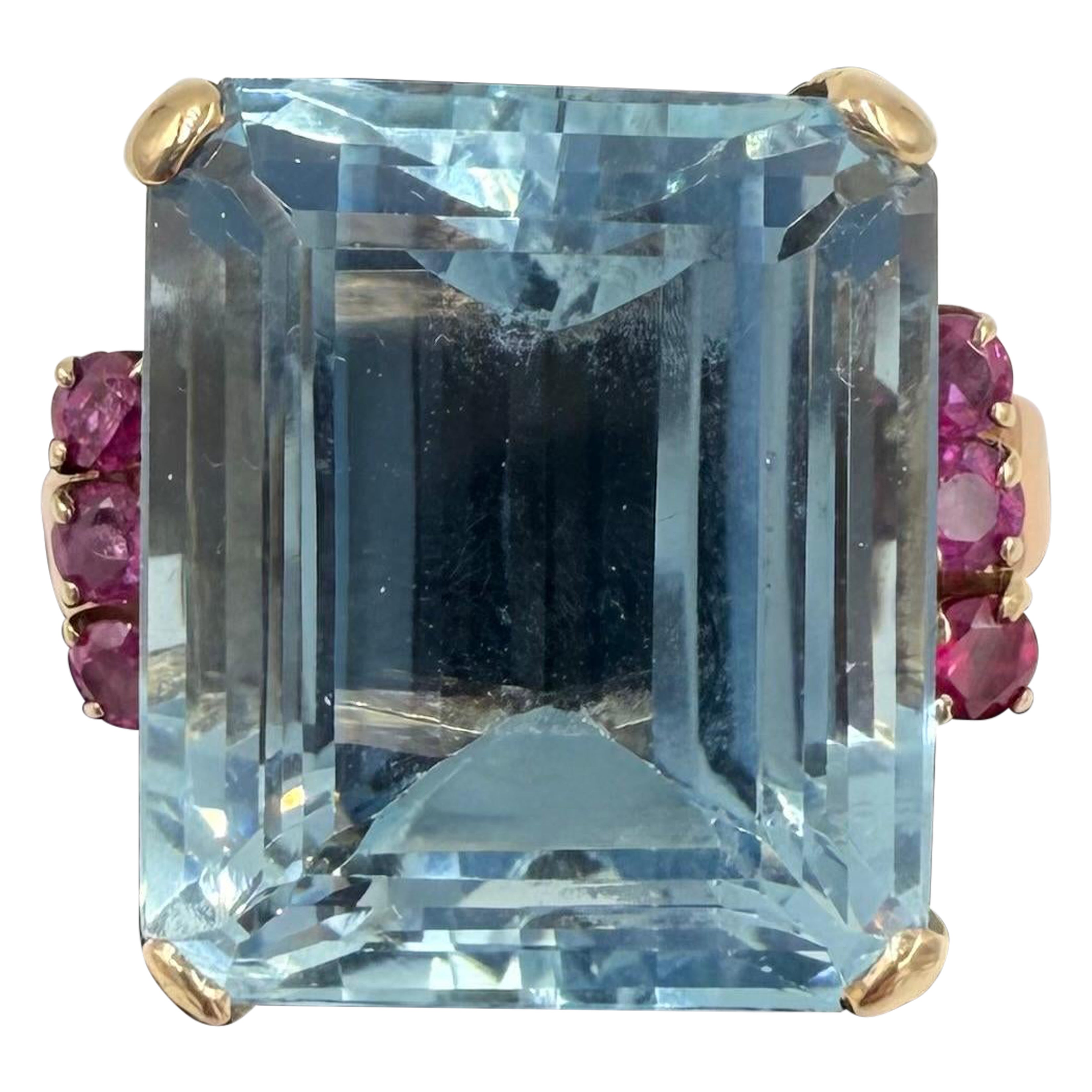 1940er Retro Aquamarin und Rubin 14k Gold Solitär Ring im Angebot