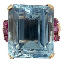 1940er Retro Aquamarin und Rubin 14k Gold Solitär Ring