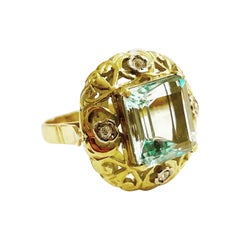 1940s Retro Aquamarine, Diamonds 18k Yellow Gold Cocktail Ring