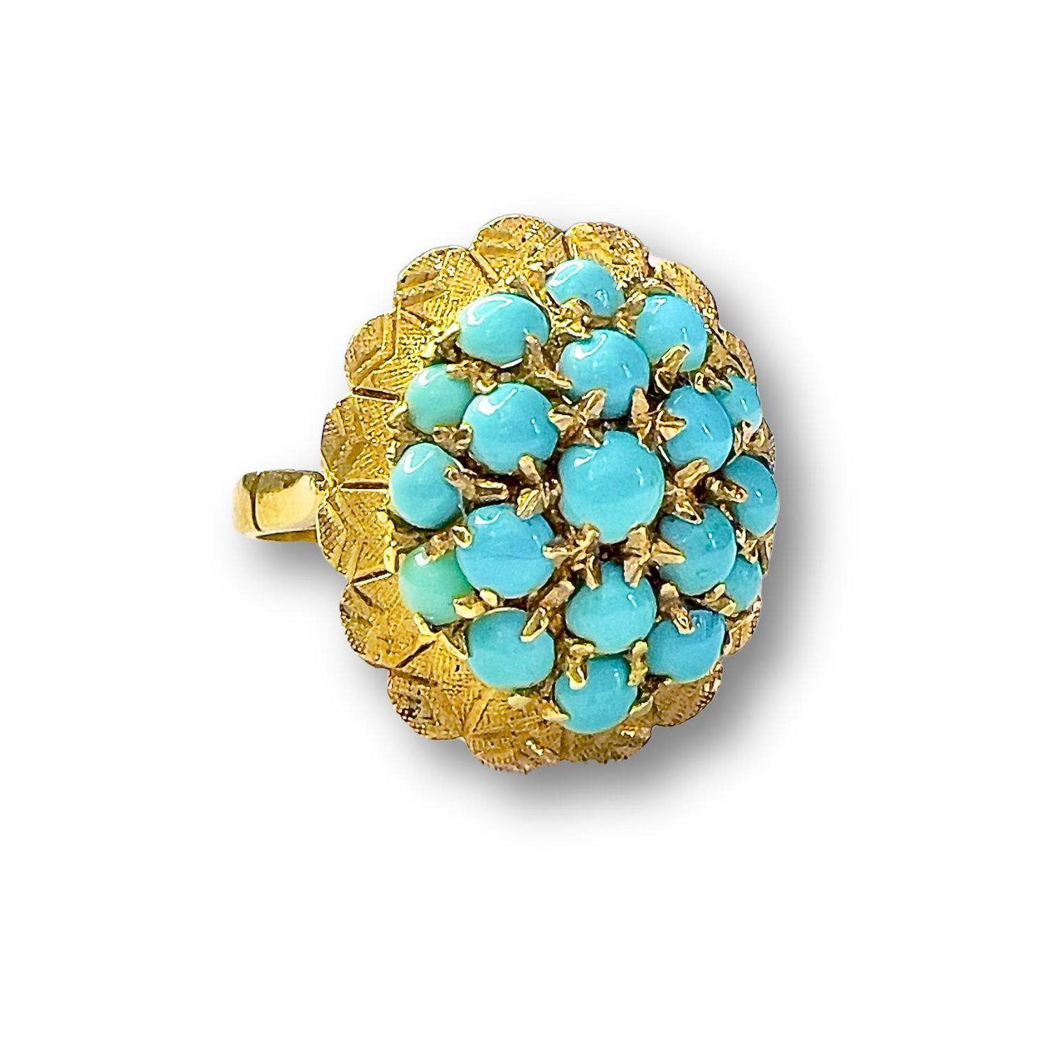 Transport yourself back to the glamorous 1940s with this exquisite inspiration retro design ring, crafted from 18-karat yellow gold and adorned with a captivating turquoise cabochon. The unique combination of vintage charm and timeless elegance