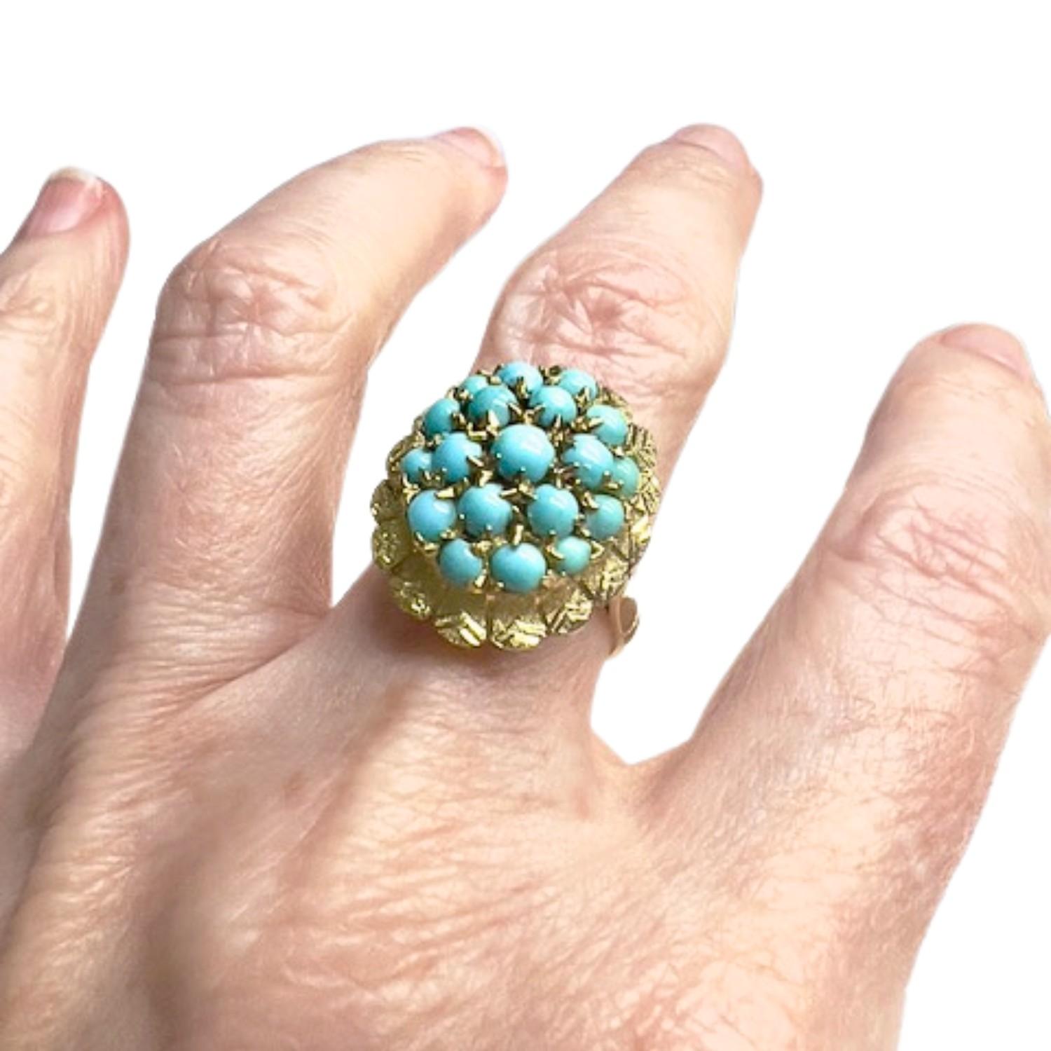 Bague rétro design des années 1940 en or jaune turquoise en vente 2