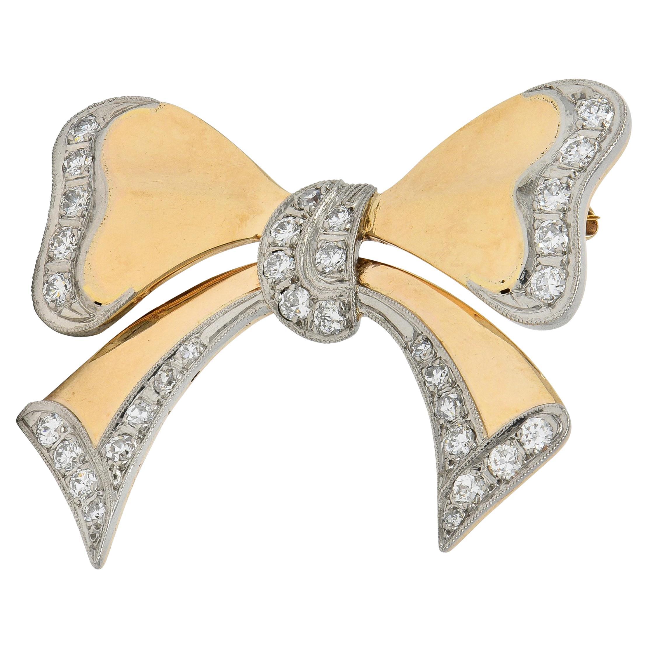 1940's Retro Diamond 14 Karat Two-Tone Yellow White Gold Vintage Bow Brooch