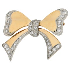 1940's Retro Diamond 14 Karat Two-Tone Yellow White Gold Vintage Bow Brooch