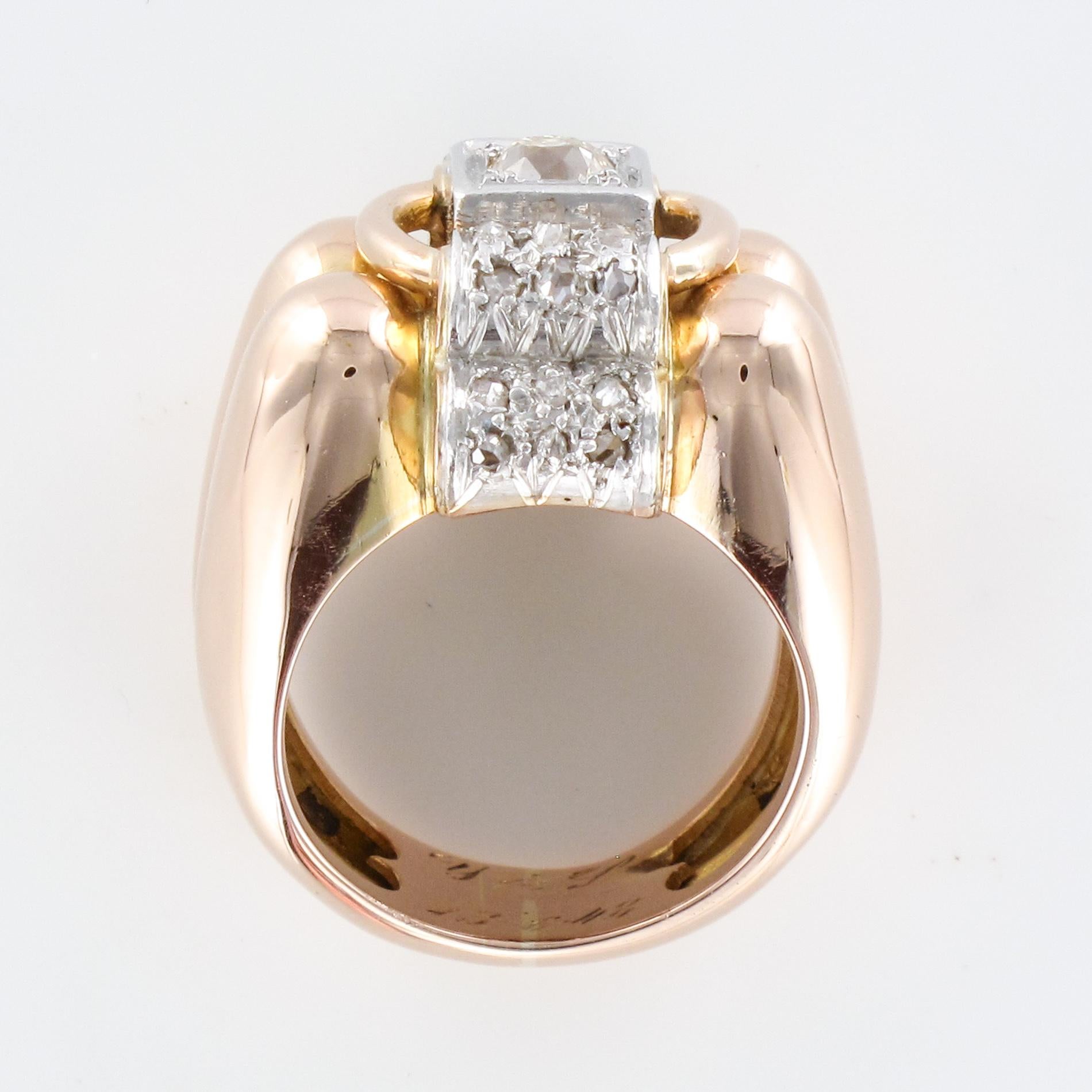 Anello retrò con diamante degli anni '40 in oro rosa 18 carati e platino, grande serbatoio di gadroons in vendita 9