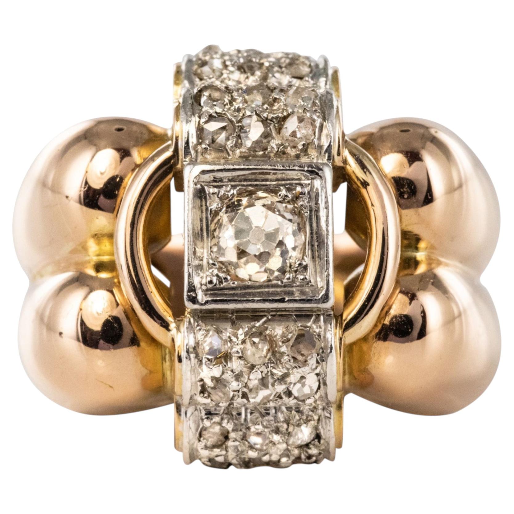 1940s Retro Diamond 18 Karat Rose Gold Platinum Large Gadroons Tank Ring