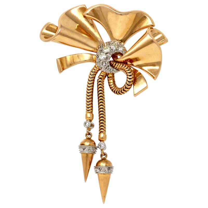 1940s Retro Diamond and Rose Gold Bow Brooch For Sale