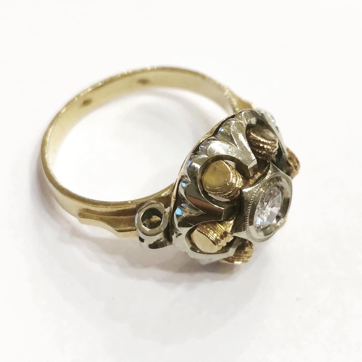 Women's or Men's 1940s Retro Diamond 18k Yellow and White Gold Tank Cocktail Ring For Sale