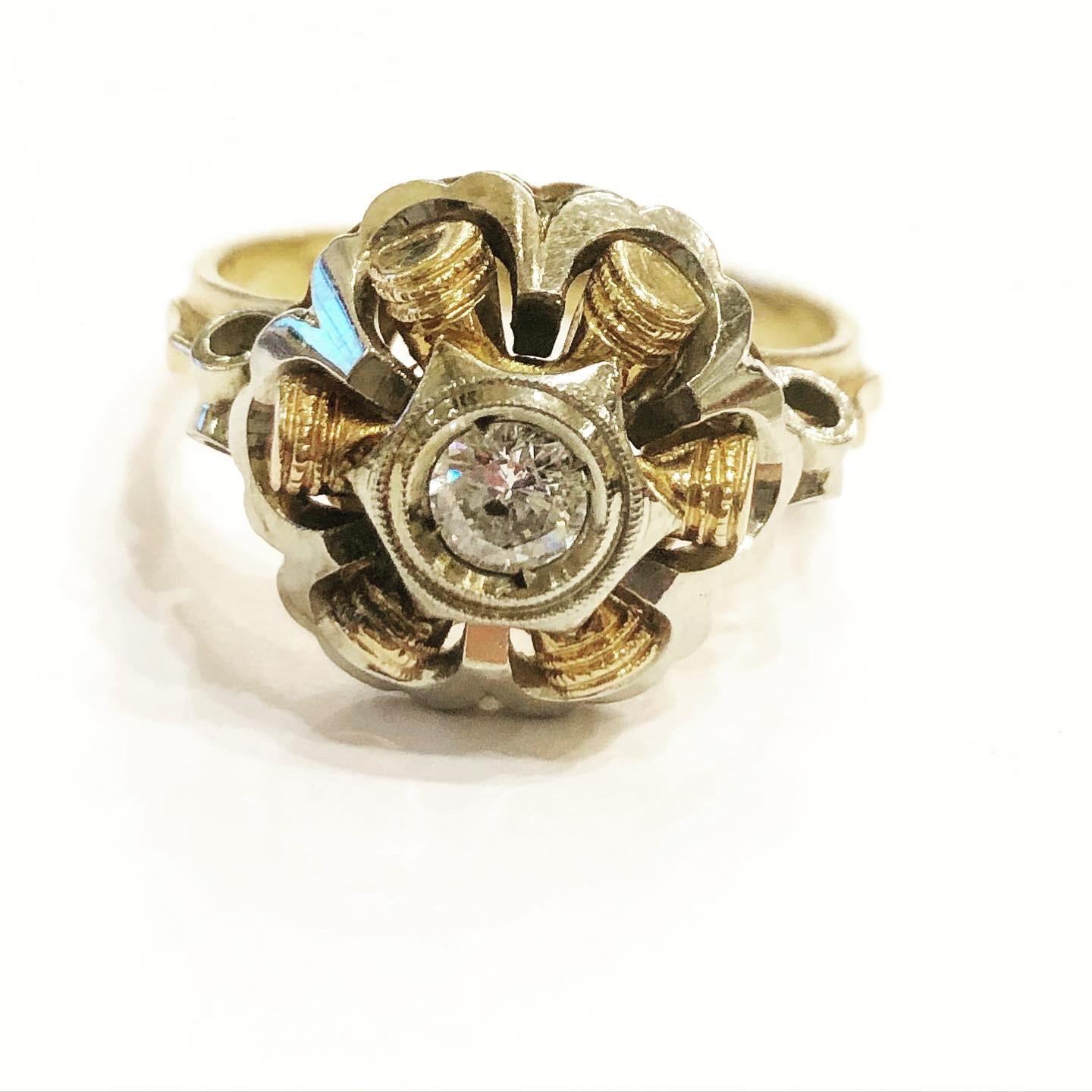 1940s Retro Diamond 18k Yellow and White Gold Tank Cocktail Ring For Sale 1
