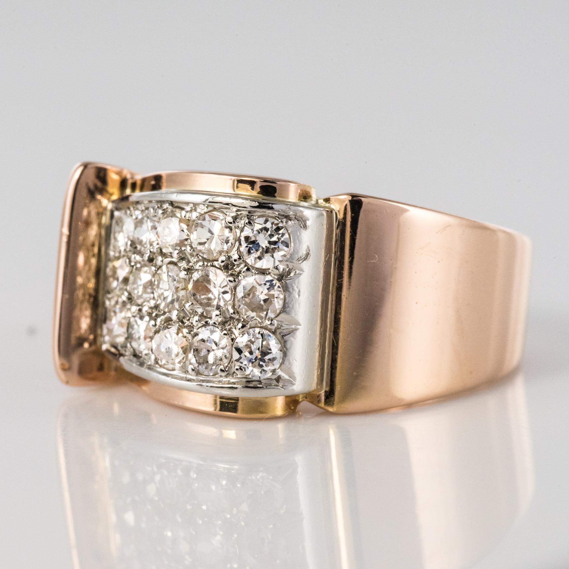 Brilliant Cut 1940s Retro Diamond Paved 18 Karat Rose Gold Tank Ring