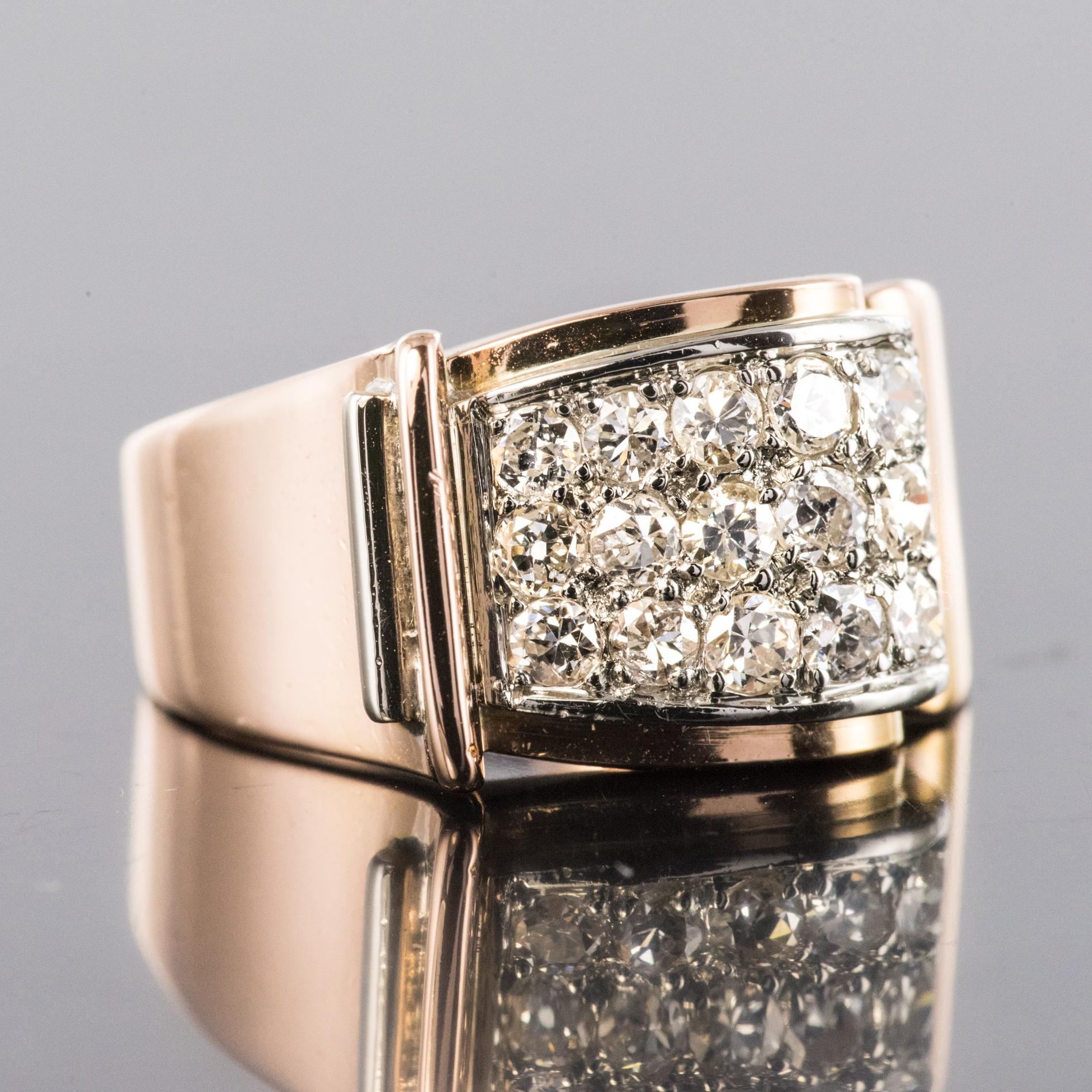 Women's 1940s Retro Diamond Paved 18 Karat Rose Gold Tank Ring